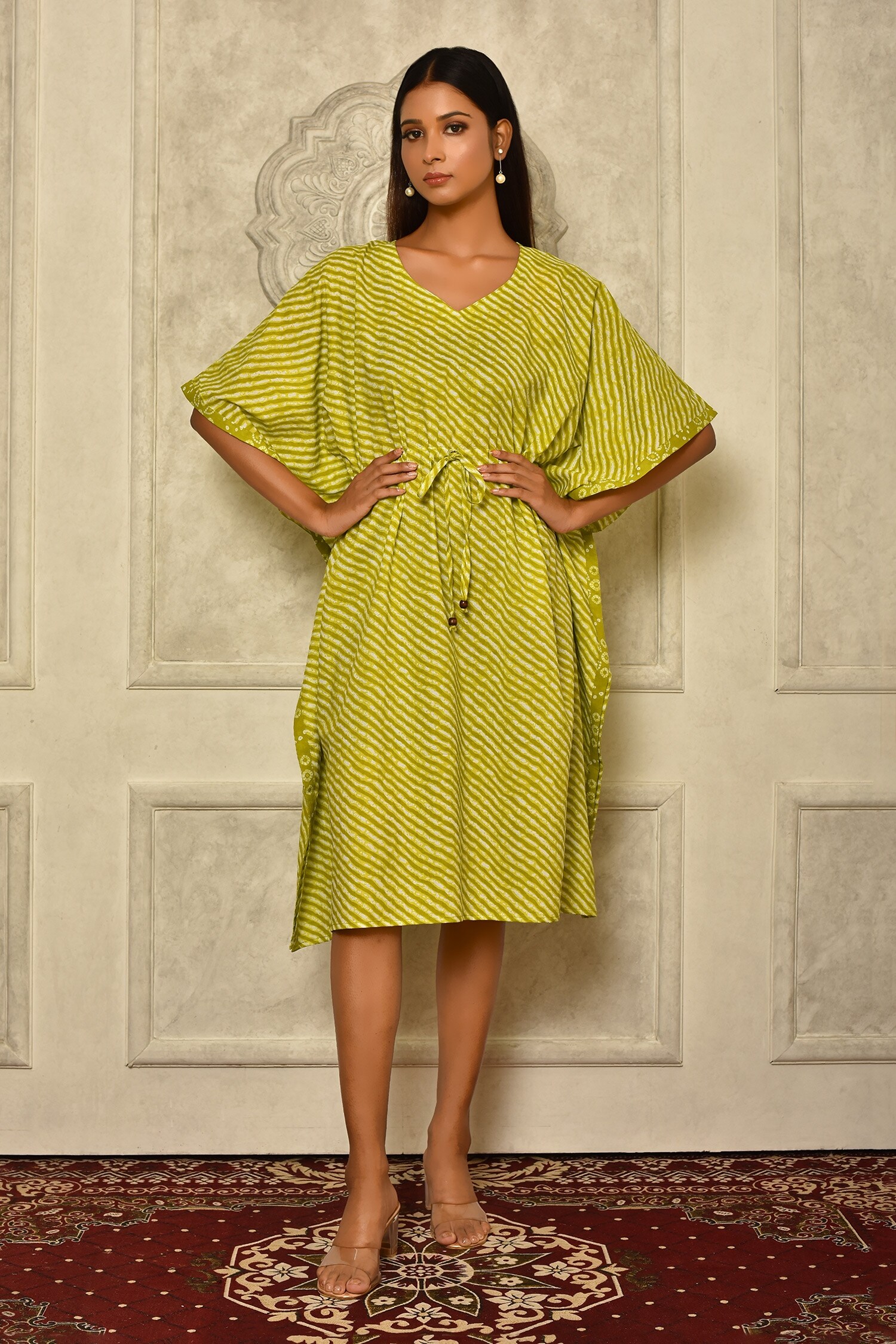 Buy Aryavir Malhotra Green Cotton Leheriya Print Kaftan Online Aza