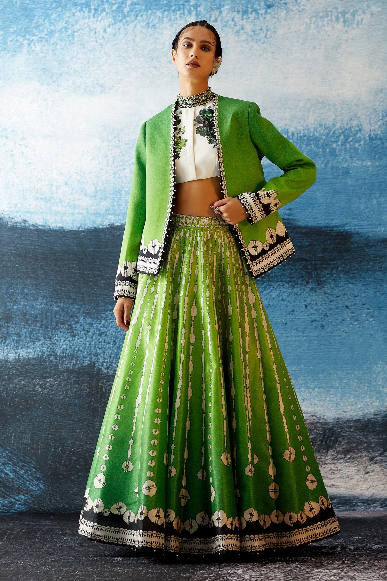 Rajdeep Ranawat Green Jacket- Duchess Satin Leela Abstract Print Lehenga And Jacket Set