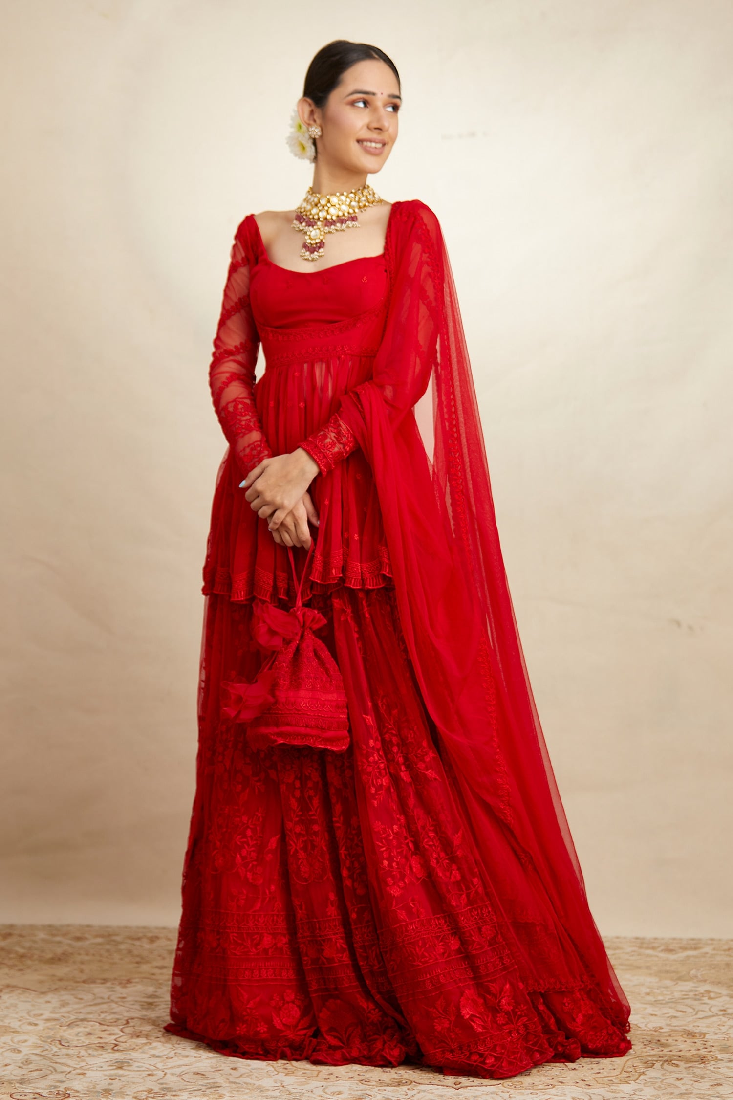 Astha Narang Red Net Embroidery Thread Scoop Neck Peplum Kurta Sharara Set For Women