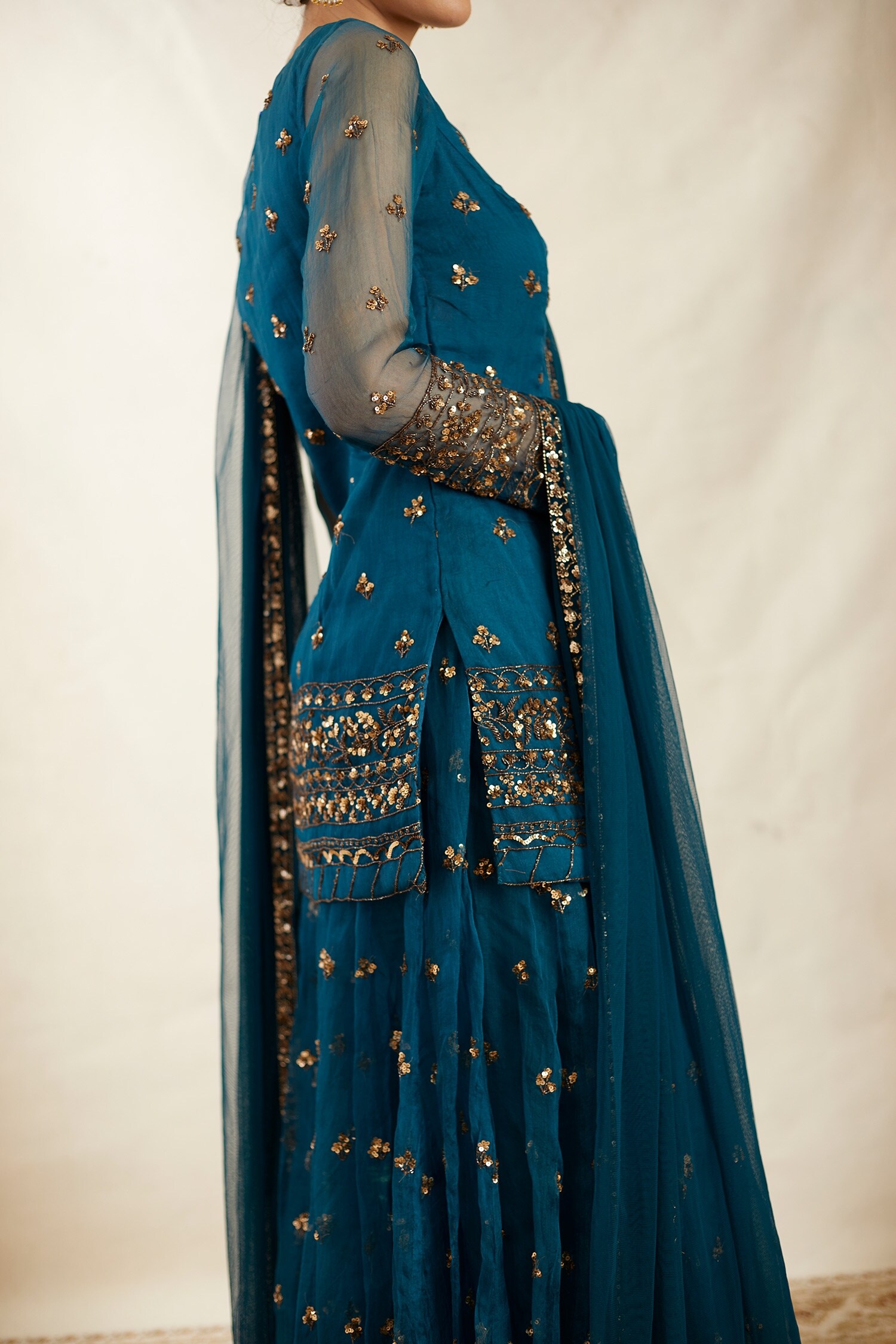 Buy Blue Organza Embroidery Sequin And Cutdana Round Kurta Sharara 