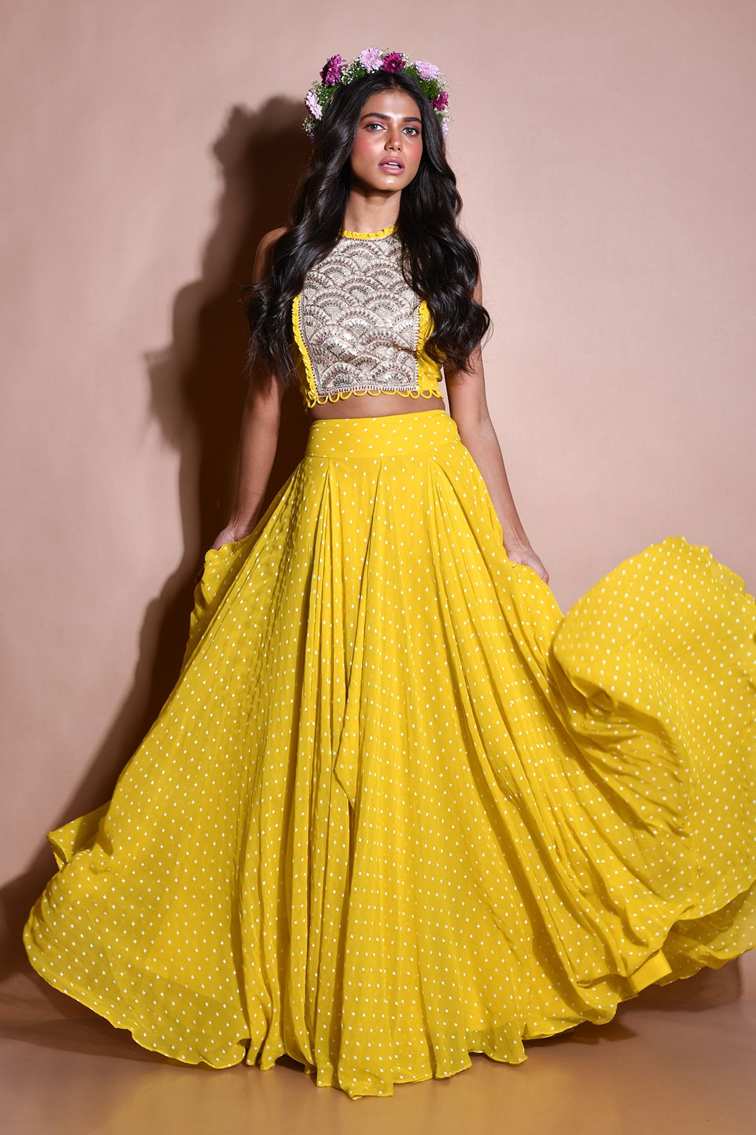 Buy Yellow Georgette Printed Bandhani Round Crop Top And Skirt Set For  Women by Aksh Online at Aza Fashions.