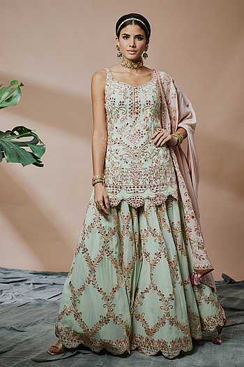 Pastel Green Resham & Zari Embroidered Peplum Kurta Sharara Set main image 0
