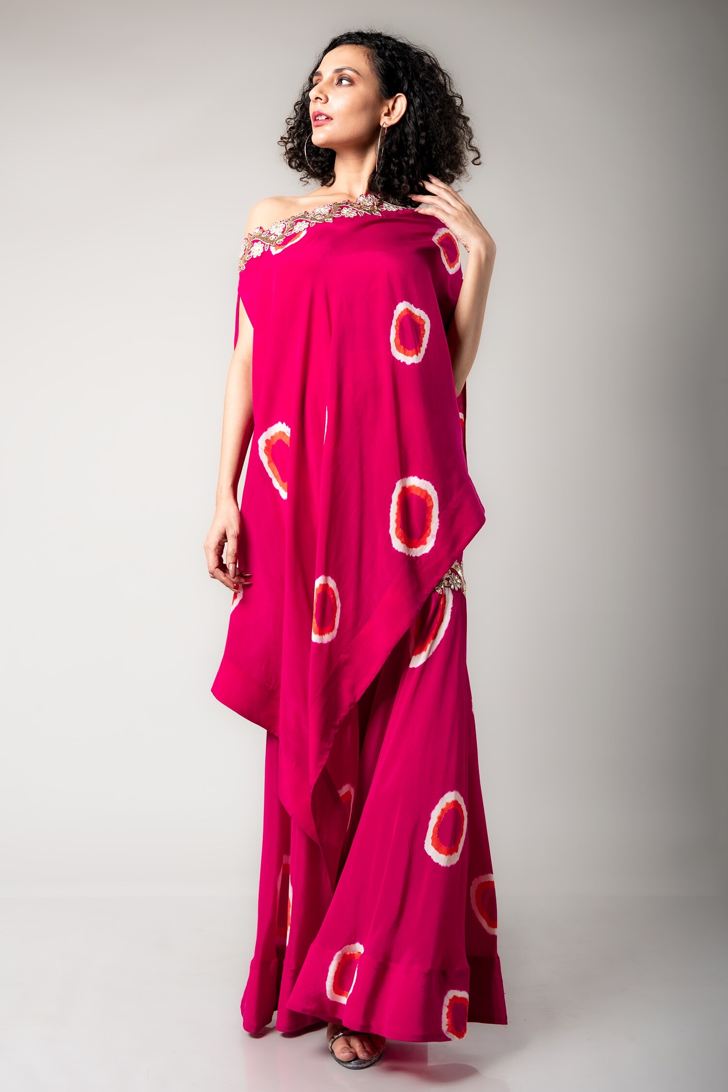 Buy Fuchsia Crepe Hand Dyed And Embroidered Polka Tiedye Cape