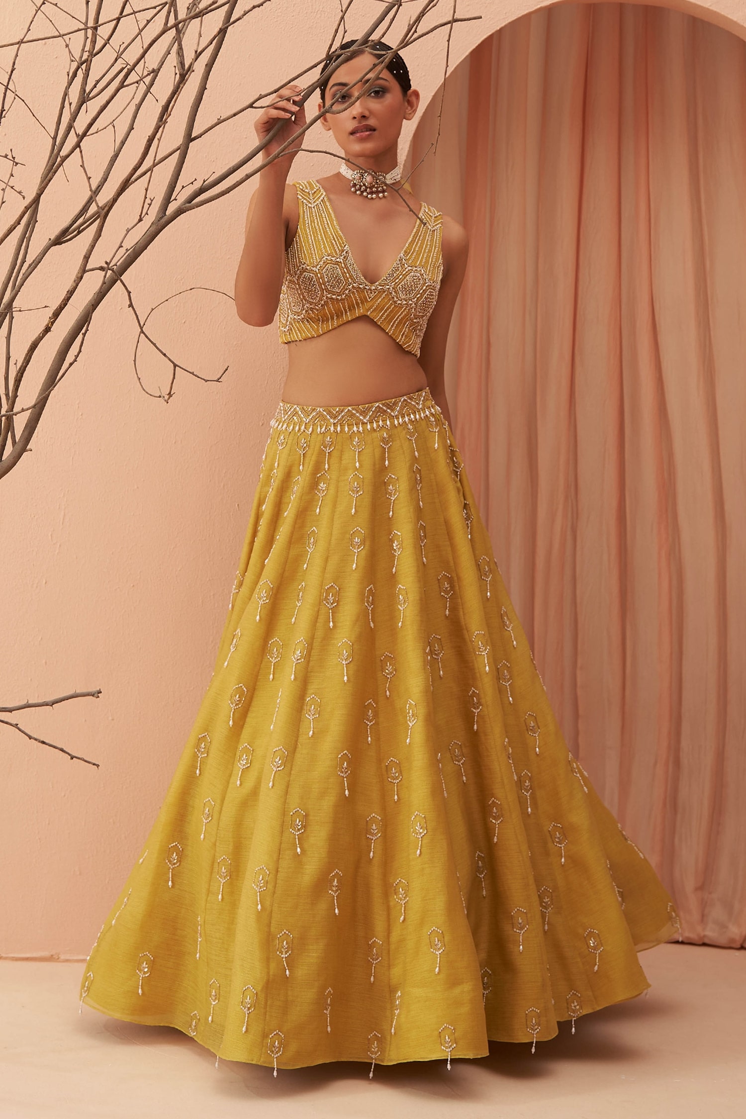 Buy Yellow Organza Embellished Floral V Neck Lehenga Set For Women by ...