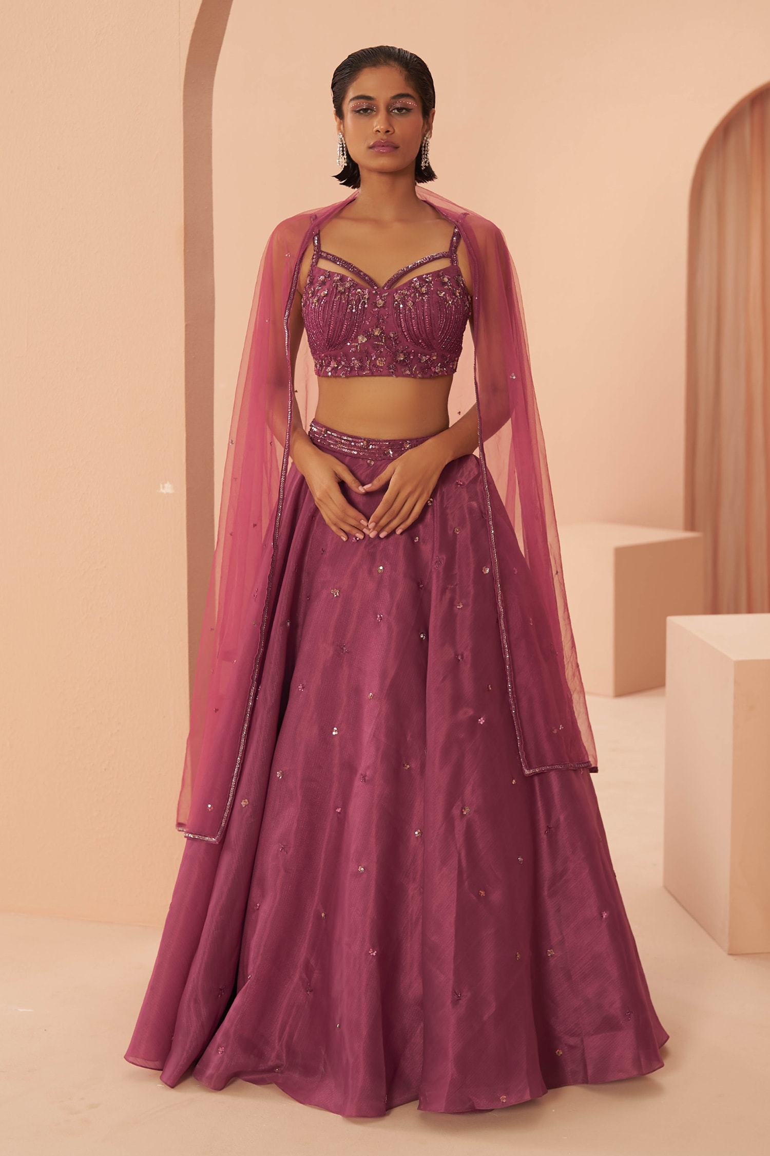 Kisneel by Pam - Purple Organza Embroidered Sequins V Neck Blouse Bridal  Lehenga Set For Women