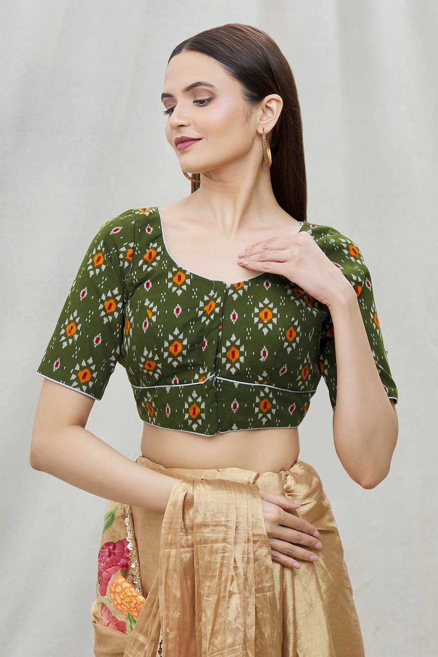 Buy Khwaab by Sanjana Lakhani Green Cotton Geometric Pattern Blouse ...