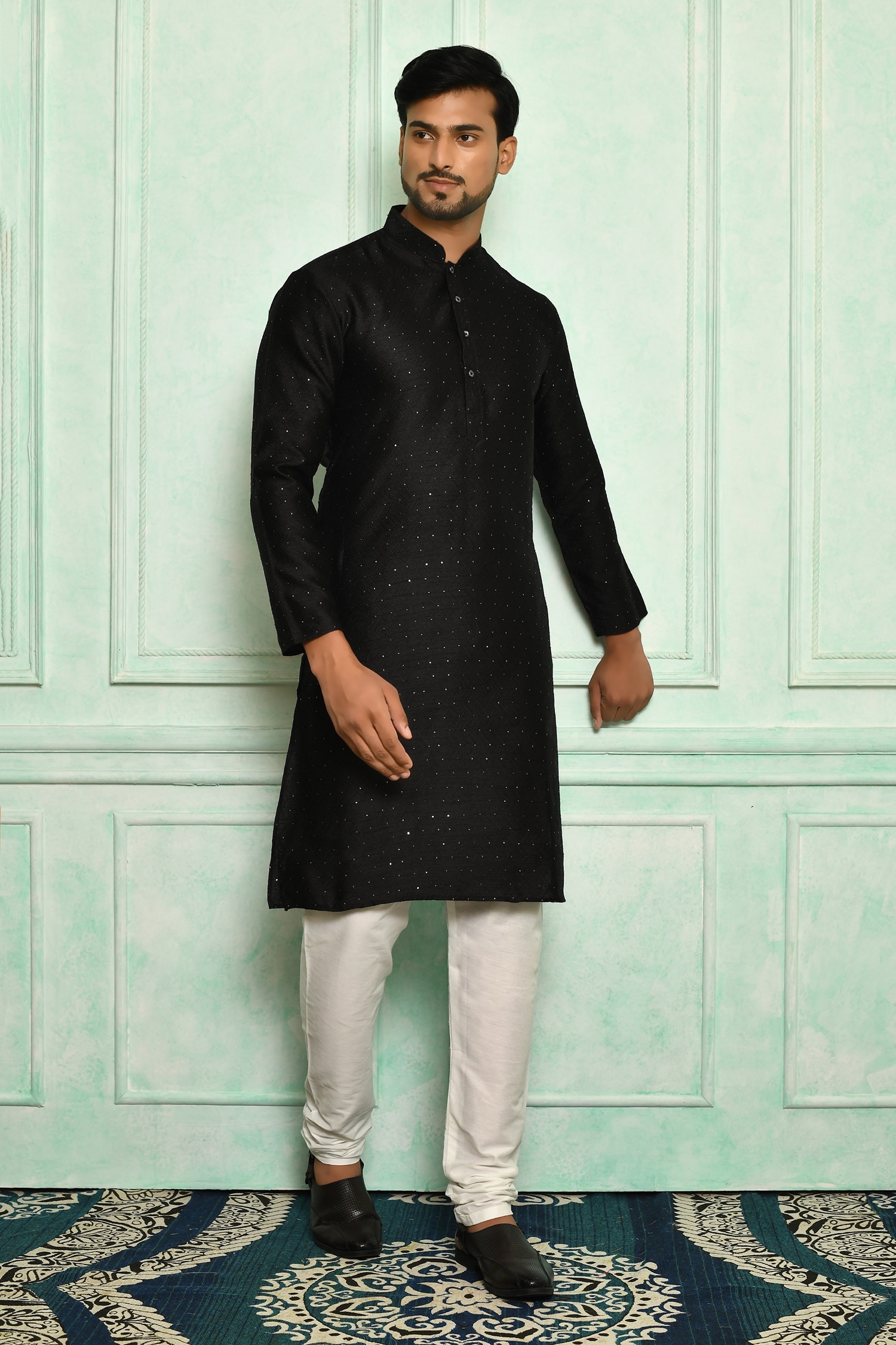 Adara Khan Black Jacquard Embroidered Sequin Kurta Set For Men