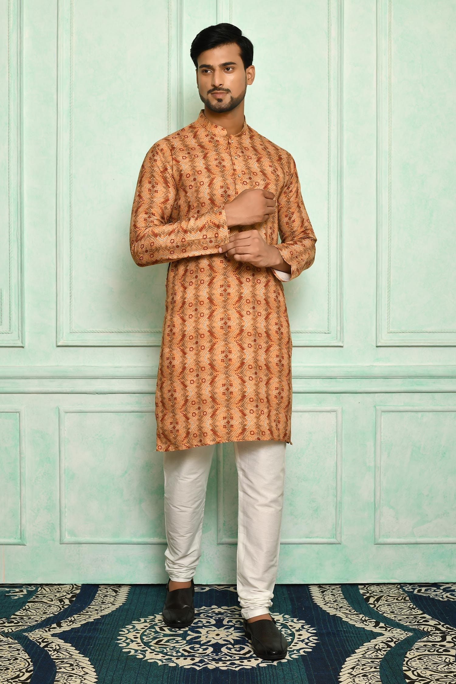 Adara Khan Orange Soft Cotton Floral Pattern Kurta For Men