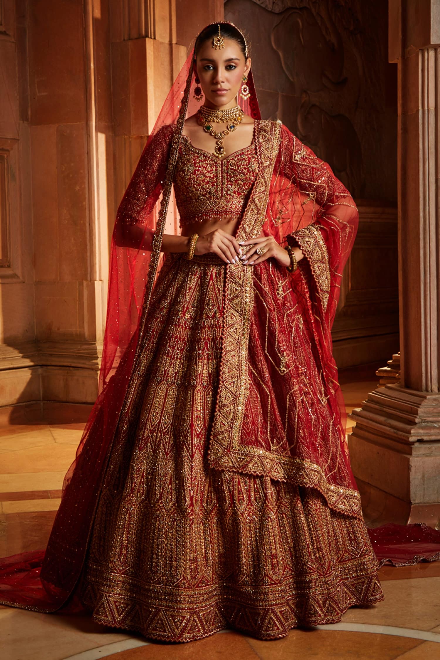 Buy Red Raw Silk Embroidered Floral V Neck Lehenga Set For Women By