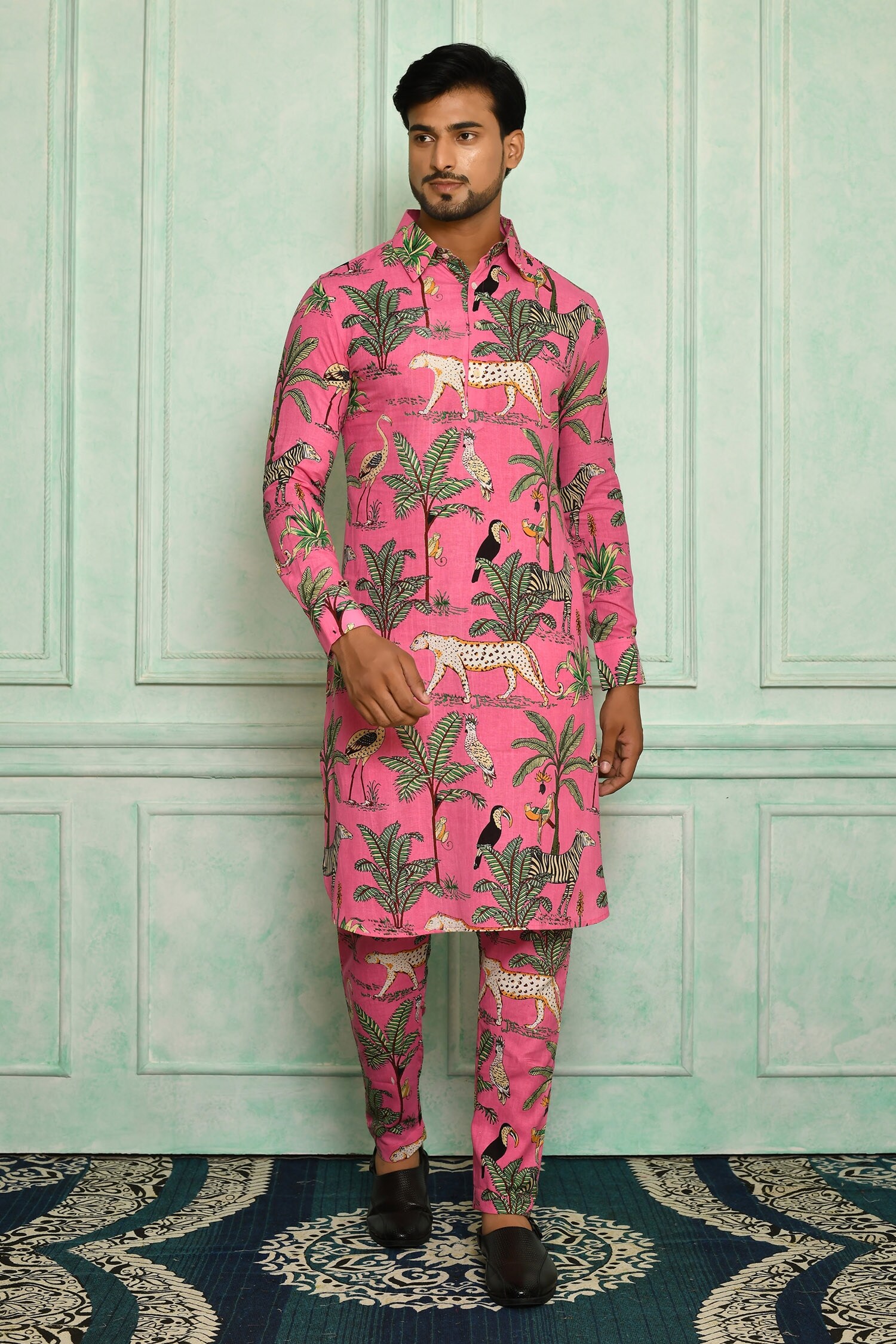 Buy Pranay Baidya Pink Cotton Tiger And Bird Print Kurta Set Online