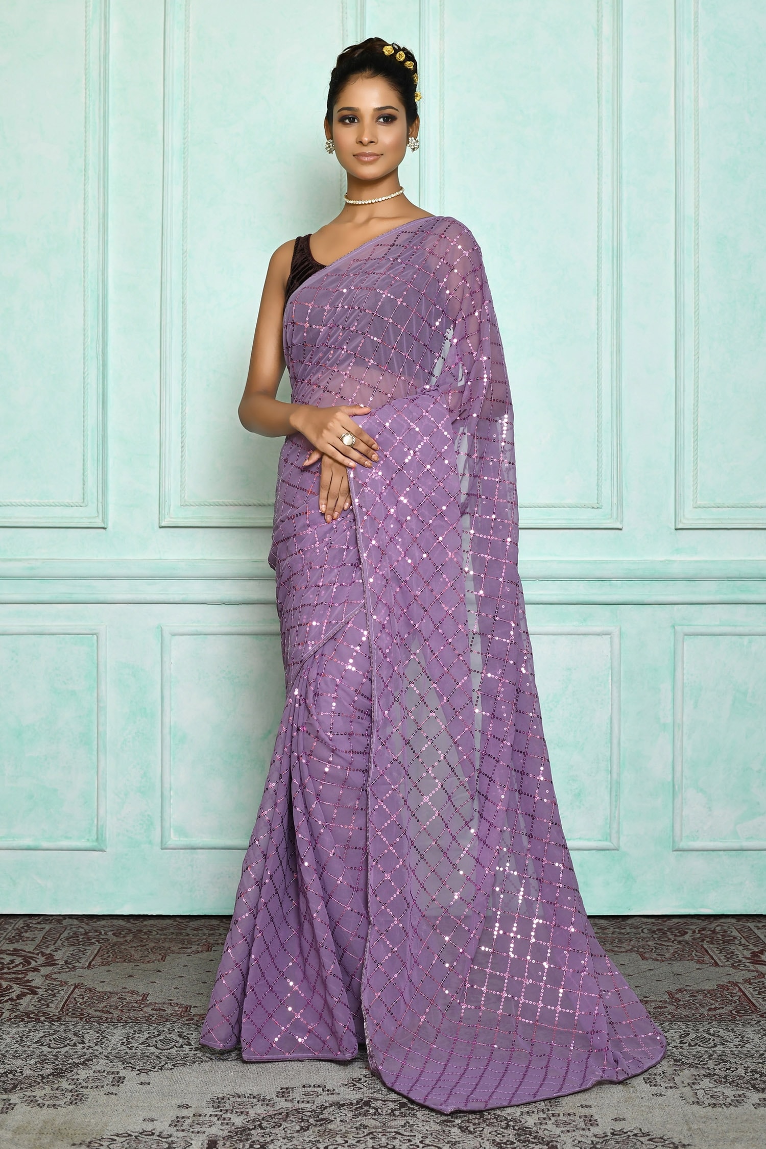 Nazaakat by Samara Singh Purple Saree: Georgette Embroidered Sequins Checkered For Women