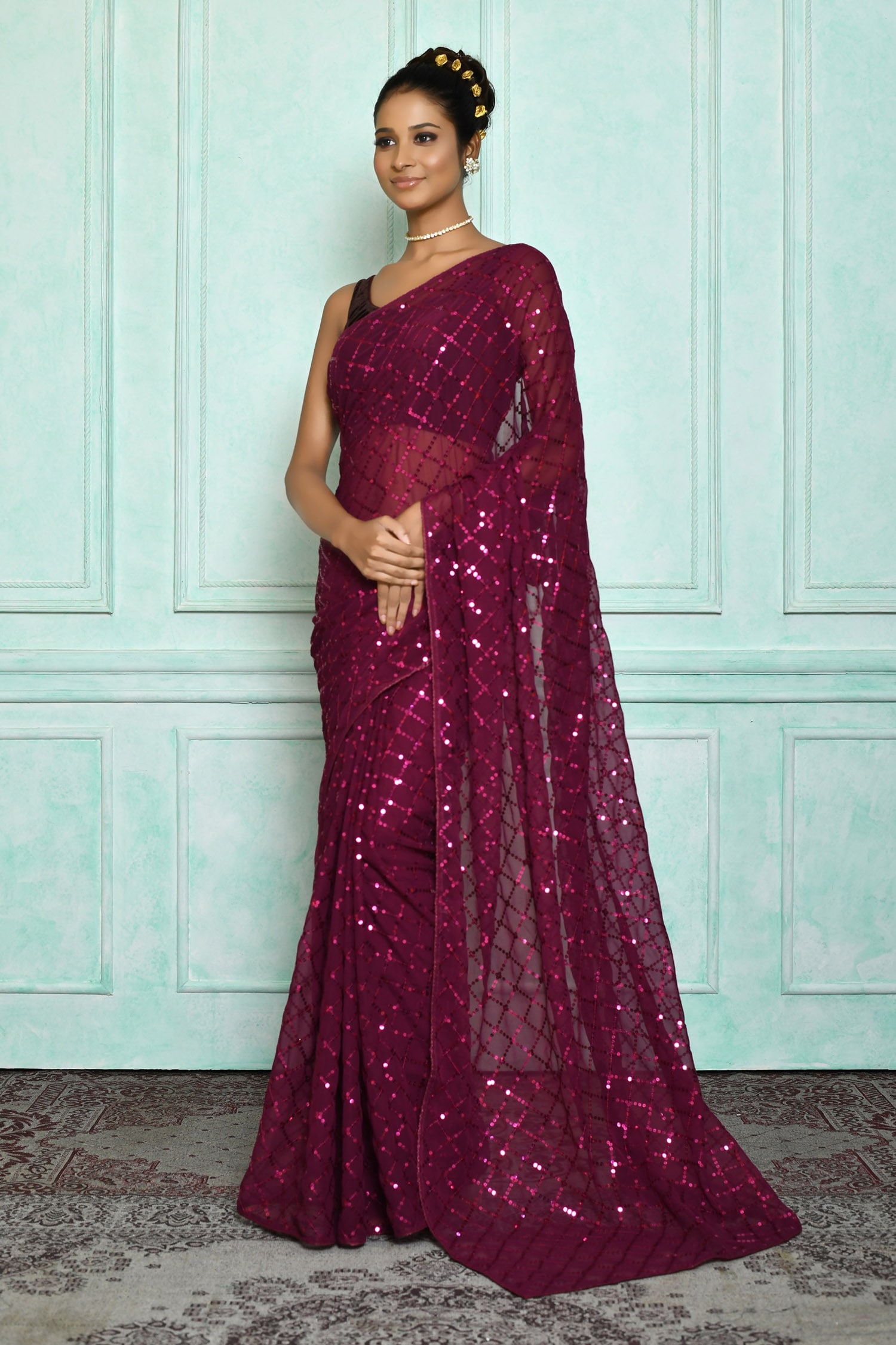Nazaakat by Samara Singh Wine Saree: Georgette Embroidered Sequins For Women