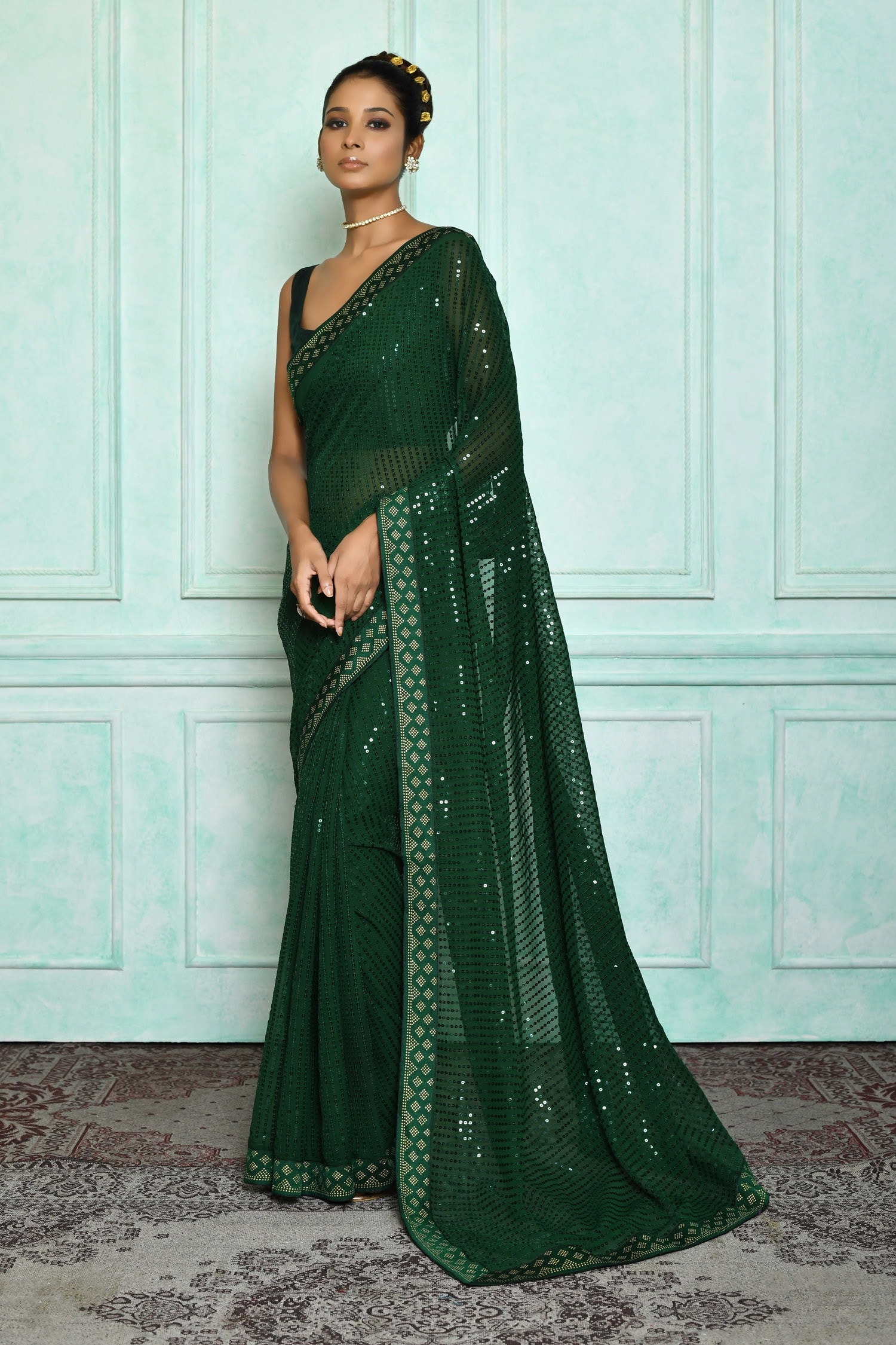 Buy Green Saree: Georgette Embroidered Sequin For Women by Nazaakat by ...