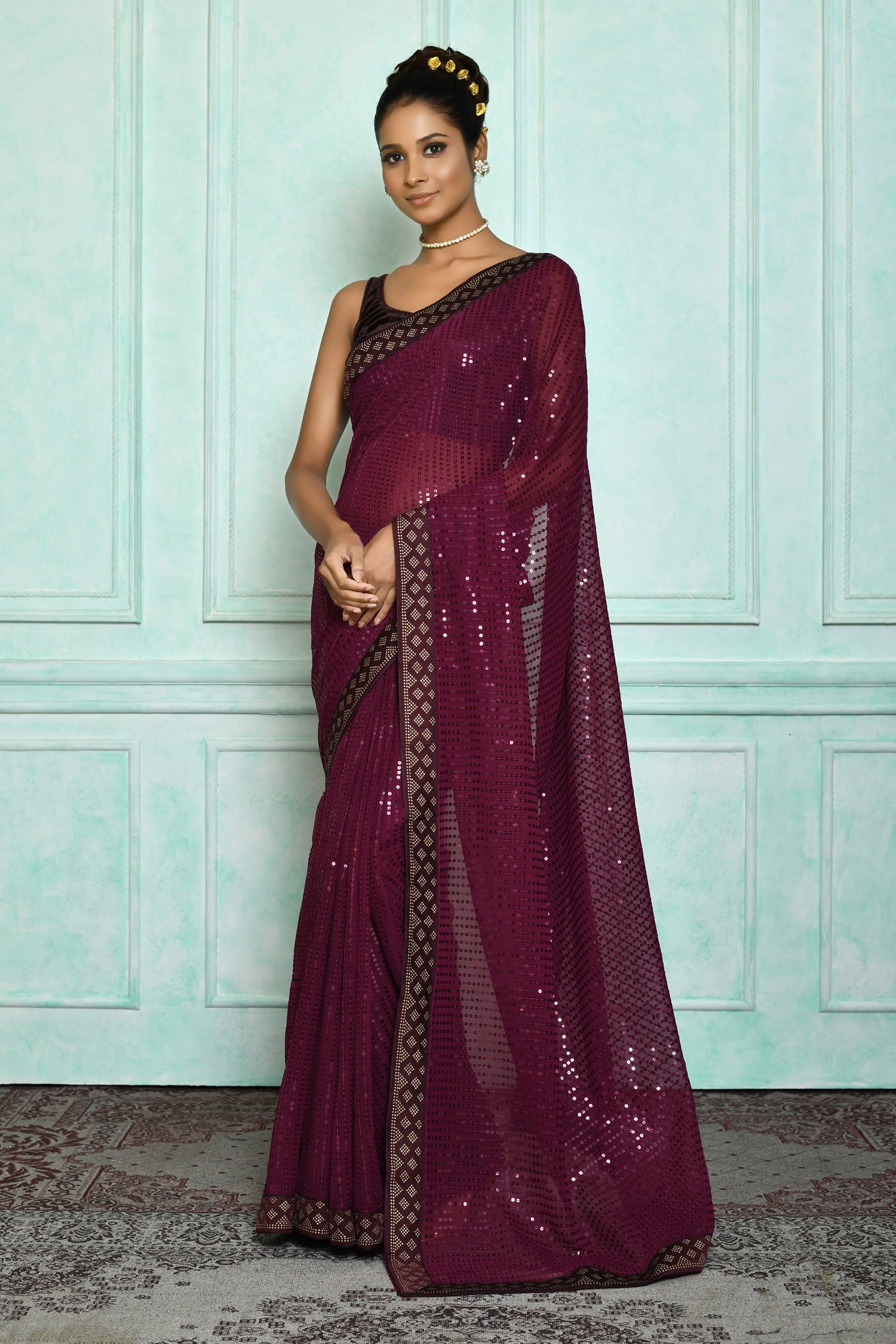 Nazaakat by Samara Singh Wine Saree: Georgette Embroidered Sequin For Women