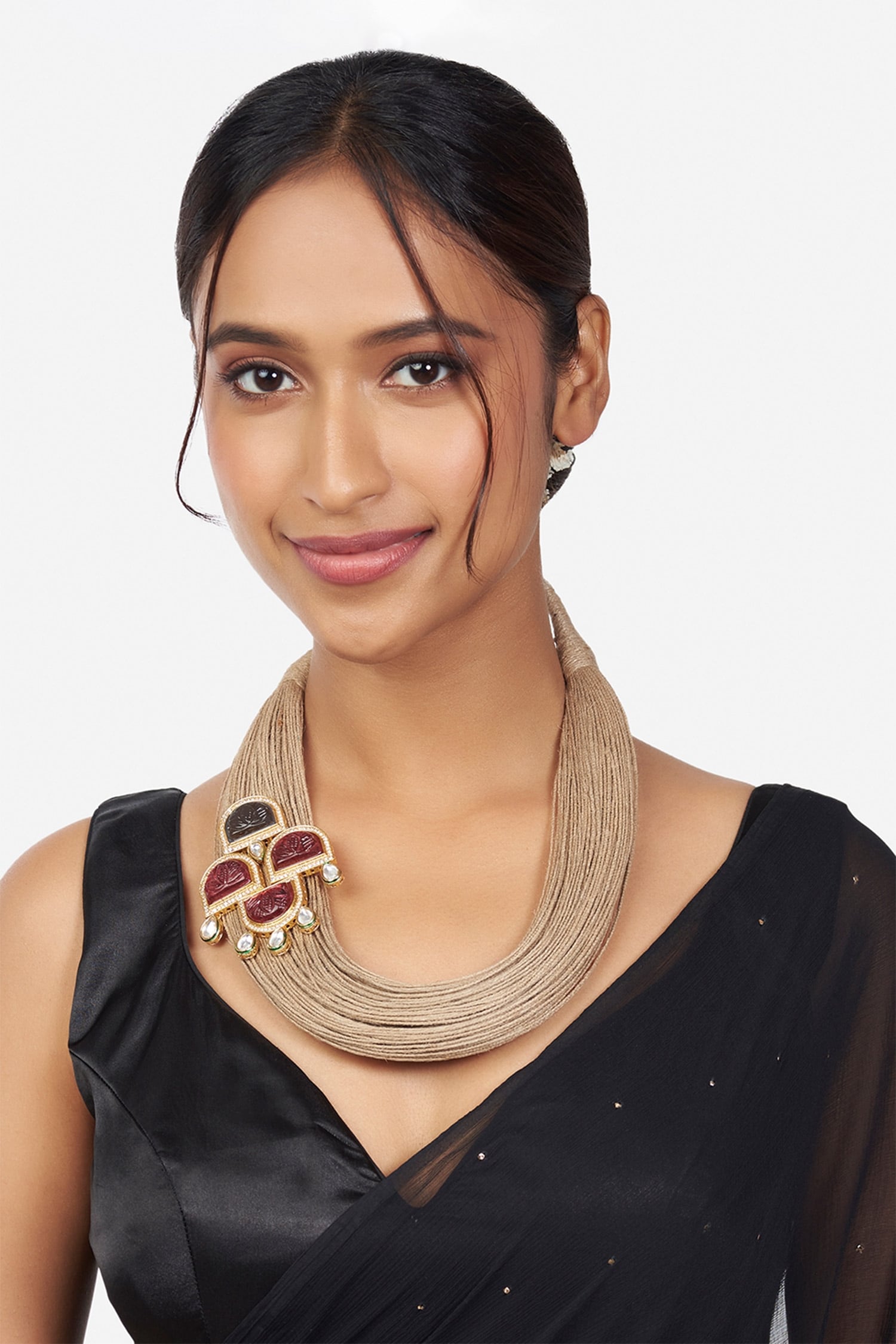 Buy Brown Austrian Zirconia And Agate Multi Layered Jute Necklace By