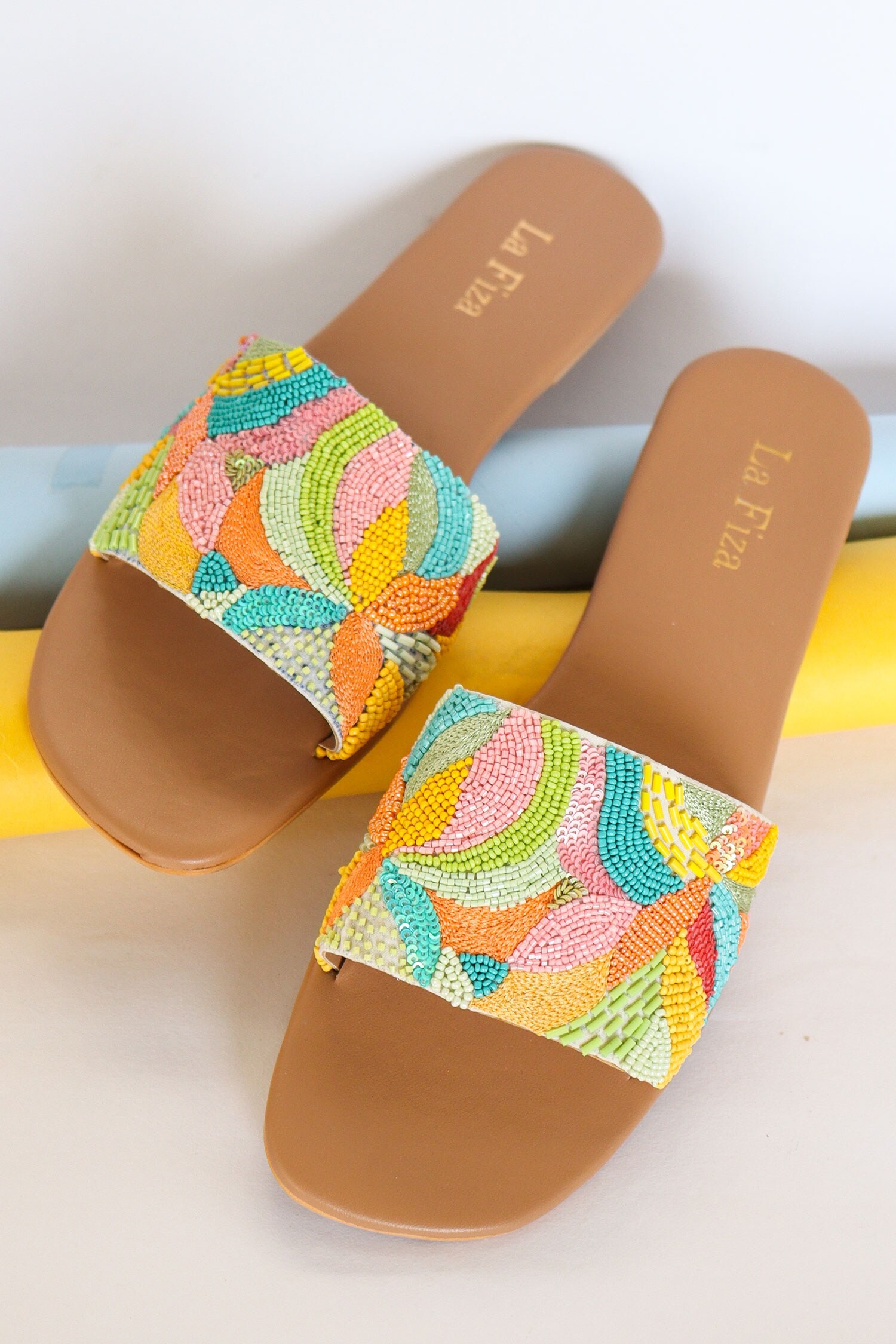 Buy La Fiza Multi Color Fabric Eta Embellished Sliders Online | Aza ...