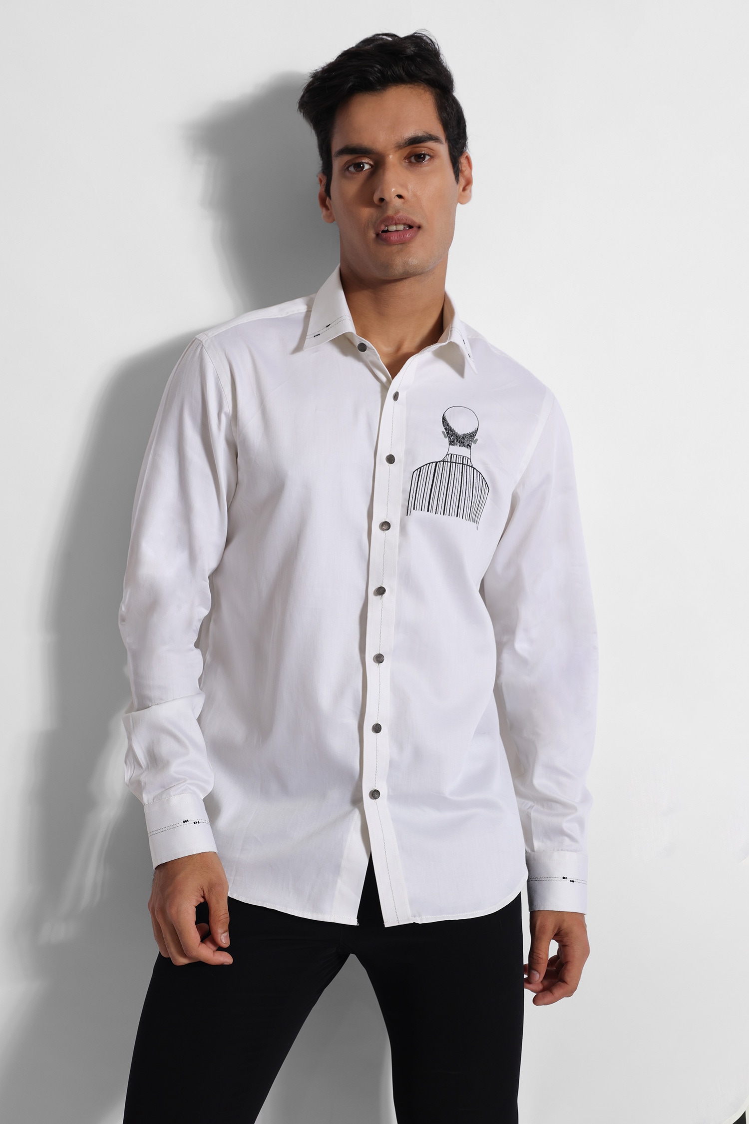 Paarsh Off White Giza Cotton Embroidered Thread Placement Man Shirt For Men