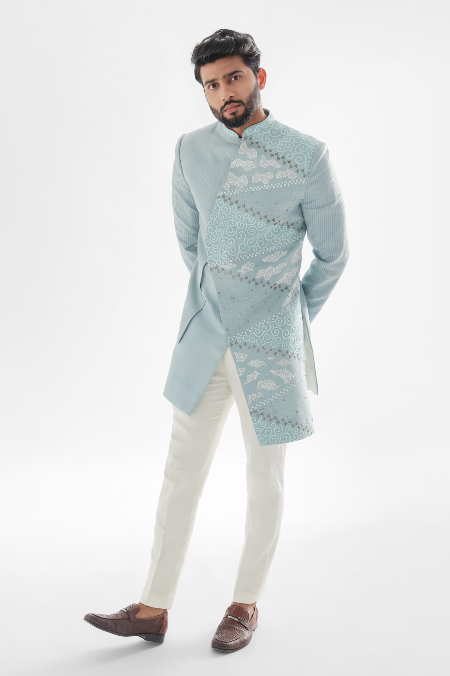 Paarsh Sky Blue Achkan: Linen Satin Xanthos Asymmetric Panels With Pant For Men