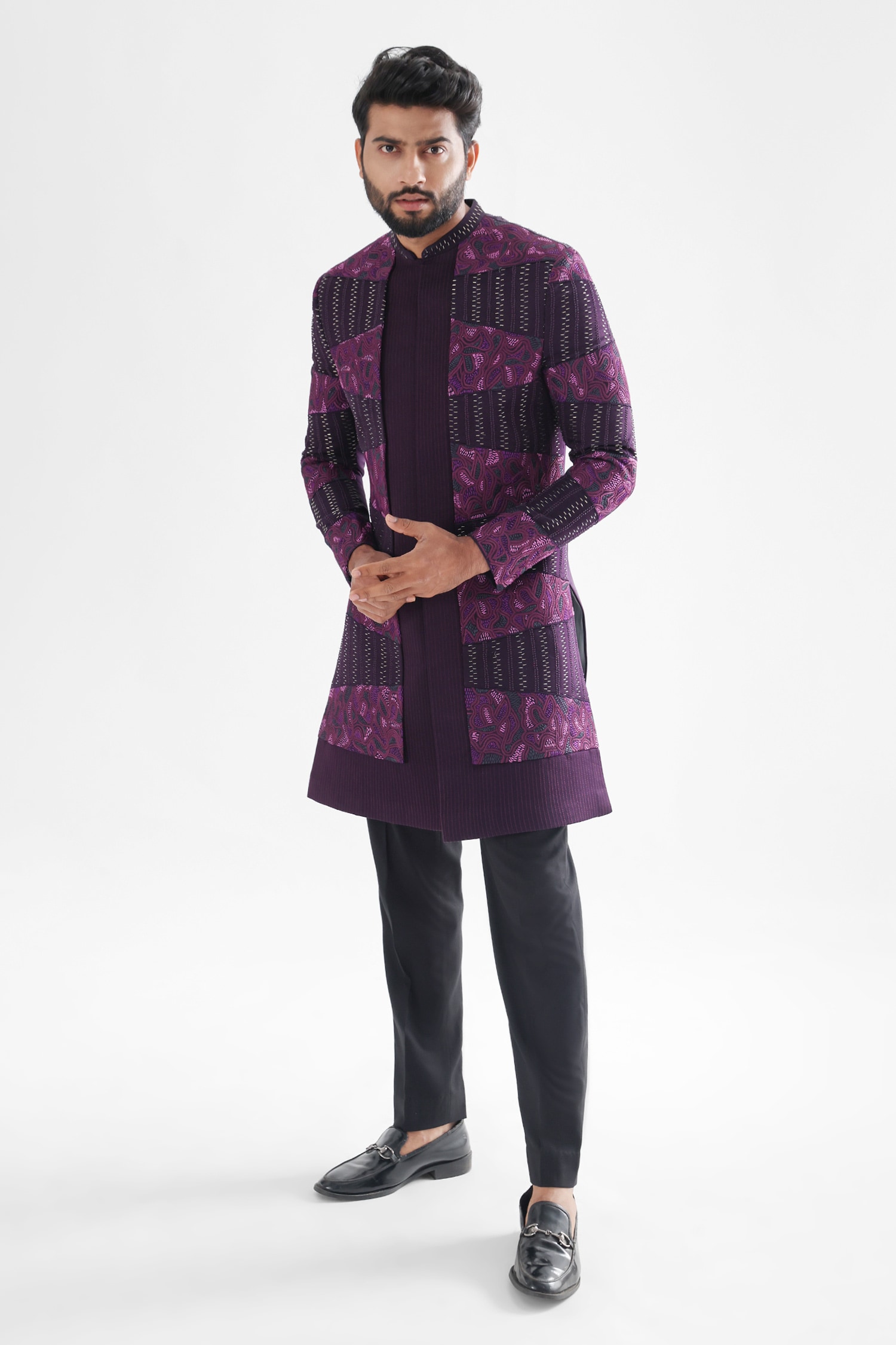 Paarsh Purple Achkan: Heavy Modal Satin Embroidered Iris Threadwork With Pant For Men