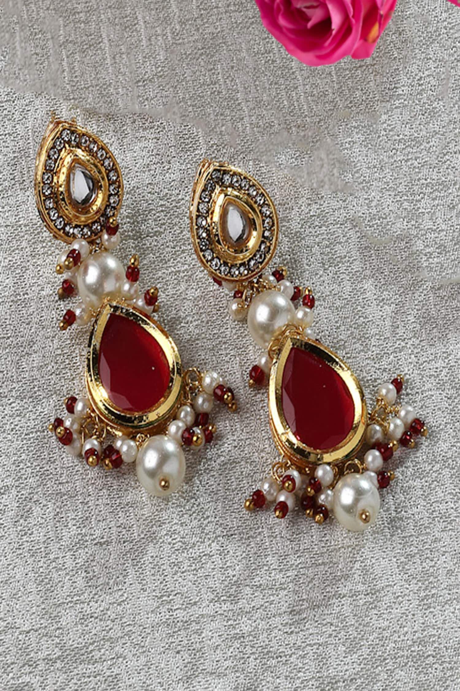 Buy Red Kundan Tear Drop Embellished Dangler Earrings by Dugran By