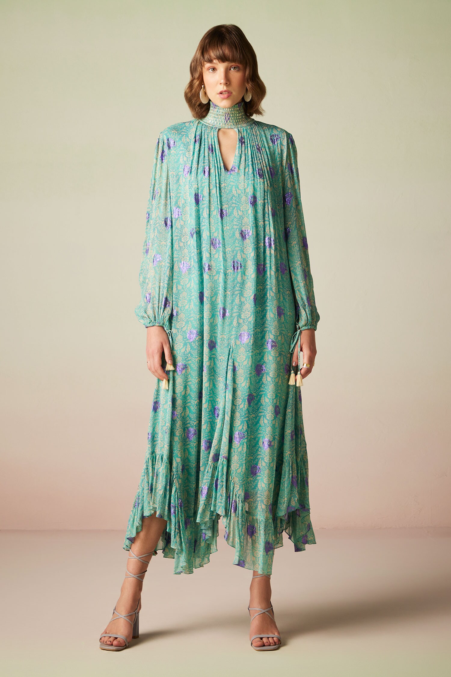 Verb by Pallavi Singhee Blue Viscose Lurex Georgette Floral Print Asymmetric Kaftan