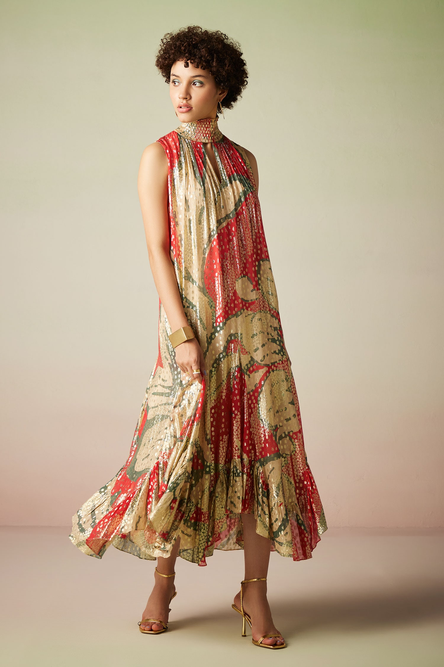 Verb by Pallavi Singhee Multi Color Viscose Lurex Georgette Floral Print Sleeveless Dress