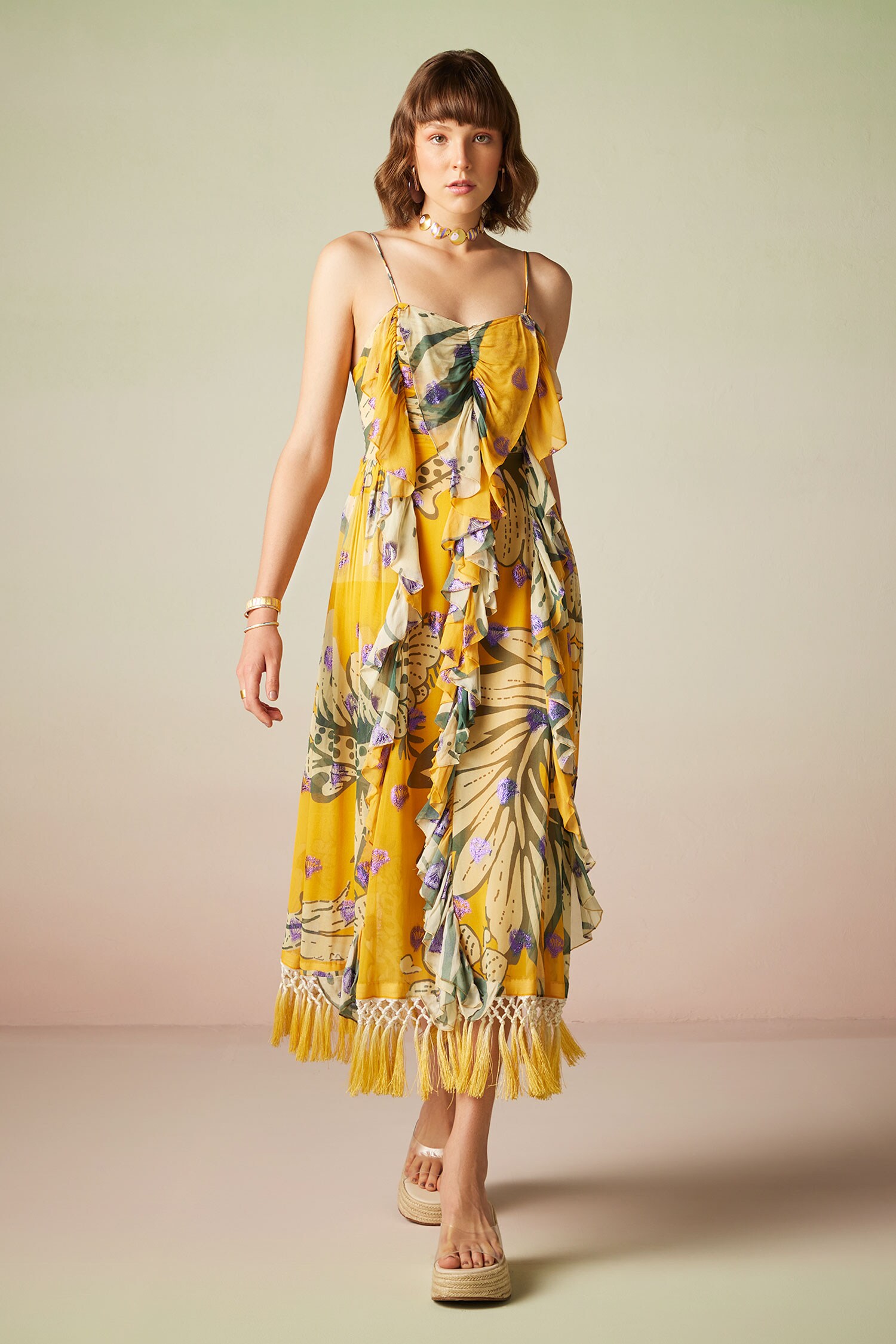 Verb by Pallavi Singhee Multi Color Viscose Lurex Georgette Floral Print Ruffle Dress