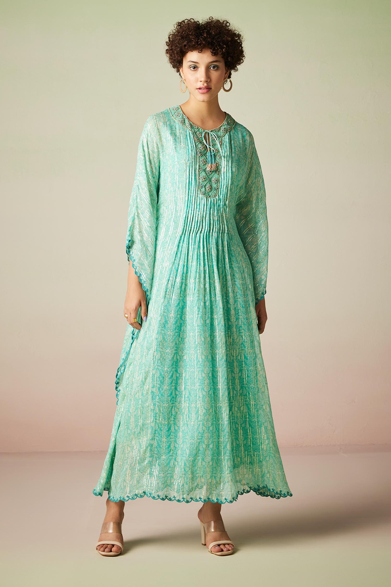 Verb by Pallavi Singhee Green Viscose Lurex Georgette Floret Print Butterfly Sleeve Kaftan
