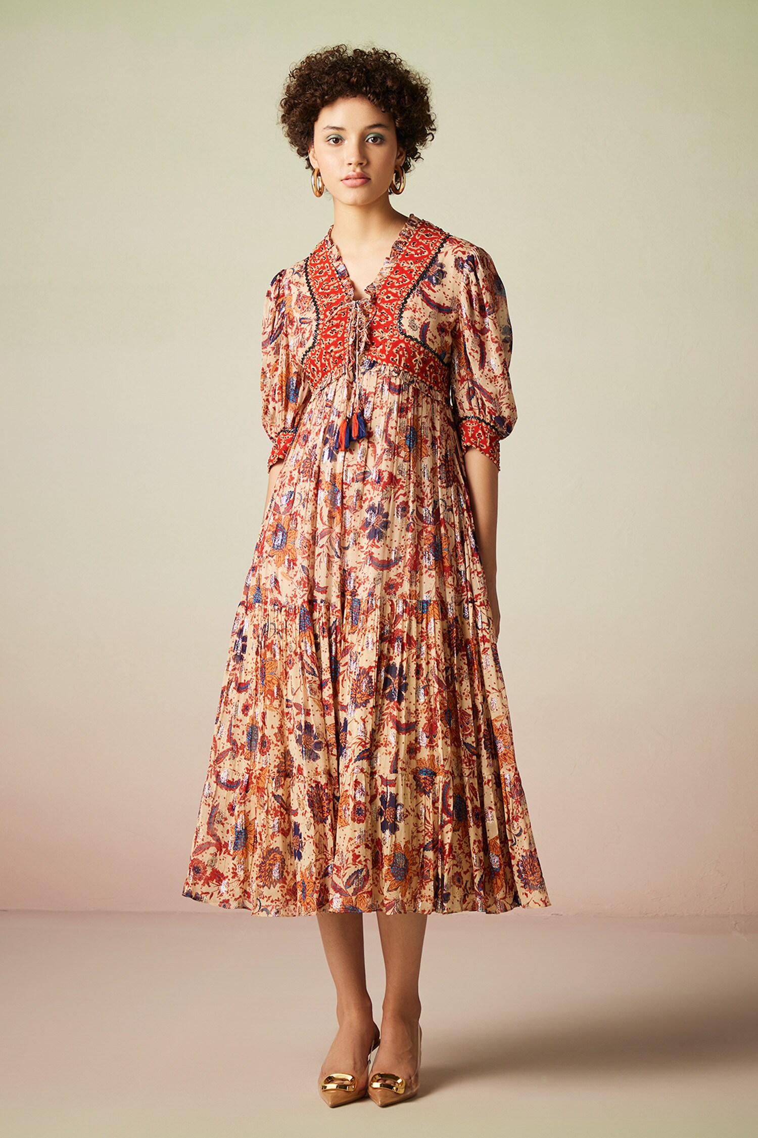 Verb by Pallavi Singhee Multi Color Viscose Lurex Georgette Vintage Floral Print Dress