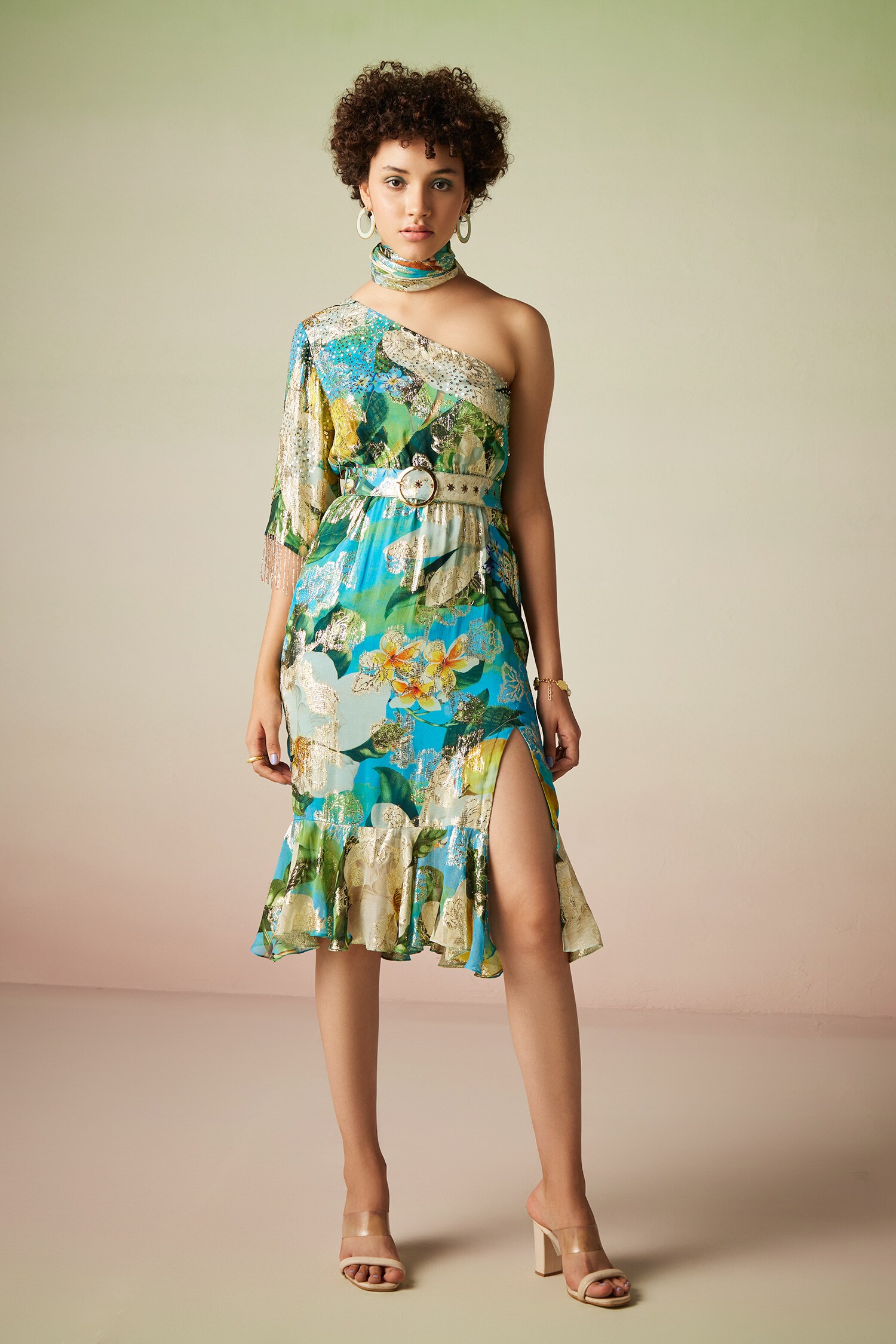 Verb by Pallavi Singhee Multi Color Viscose Lurex Georgette Tropical Floral Print One Shoulder Dress
