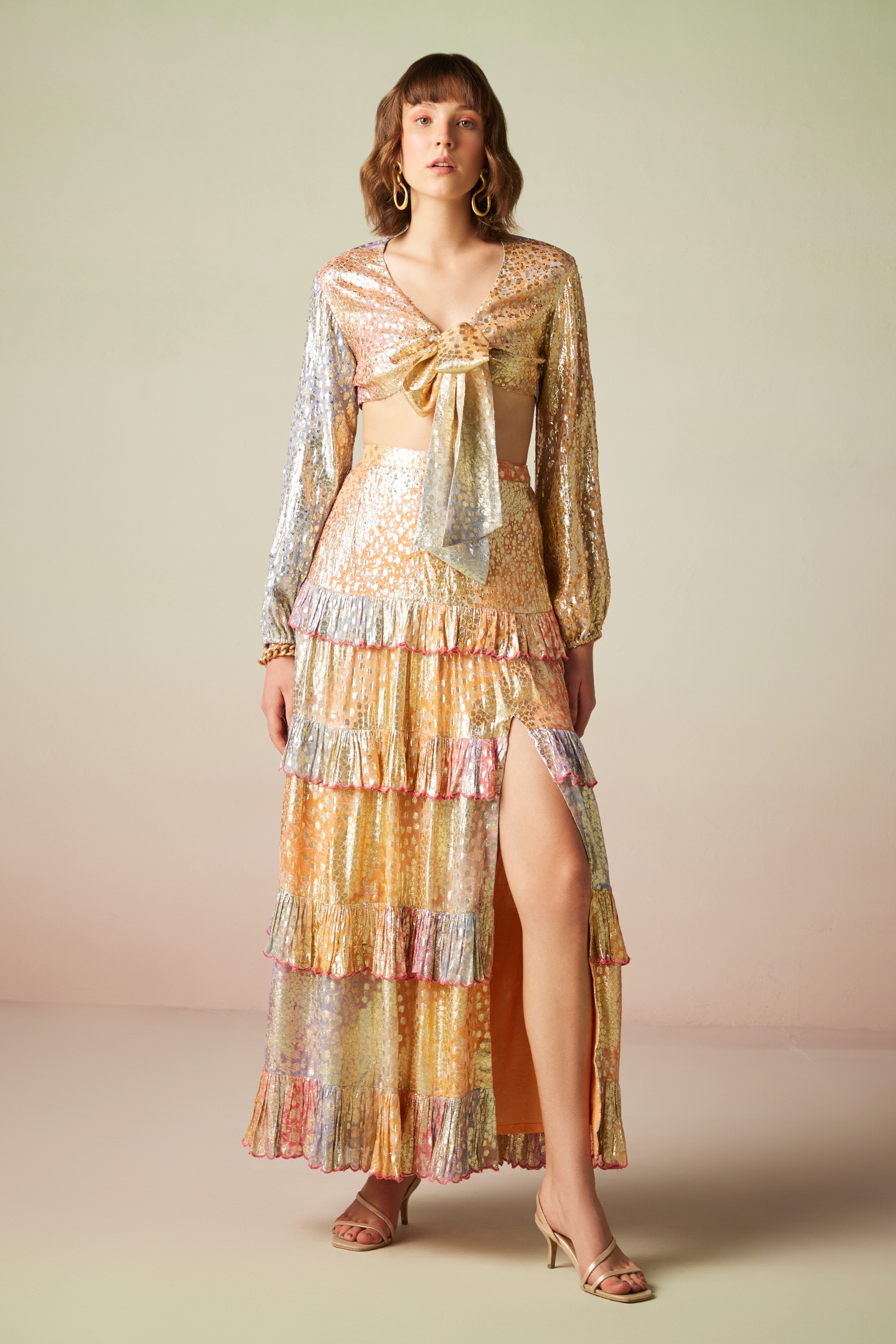 Verb by Pallavi Singhee Multi Color Viscose Lurex Georgette Sequin Embellished Frill Skirt