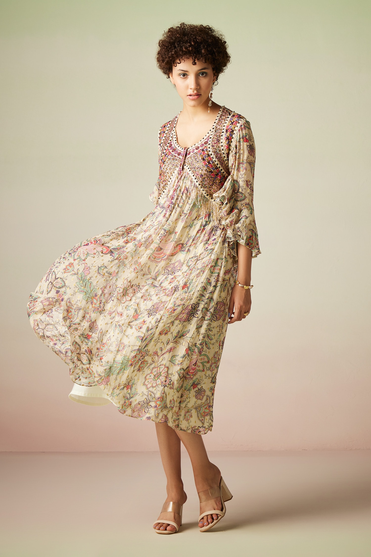 Verb by Pallavi Singhee Multi Color Viscose Lurex Georgette Vintage Flower Print Dress