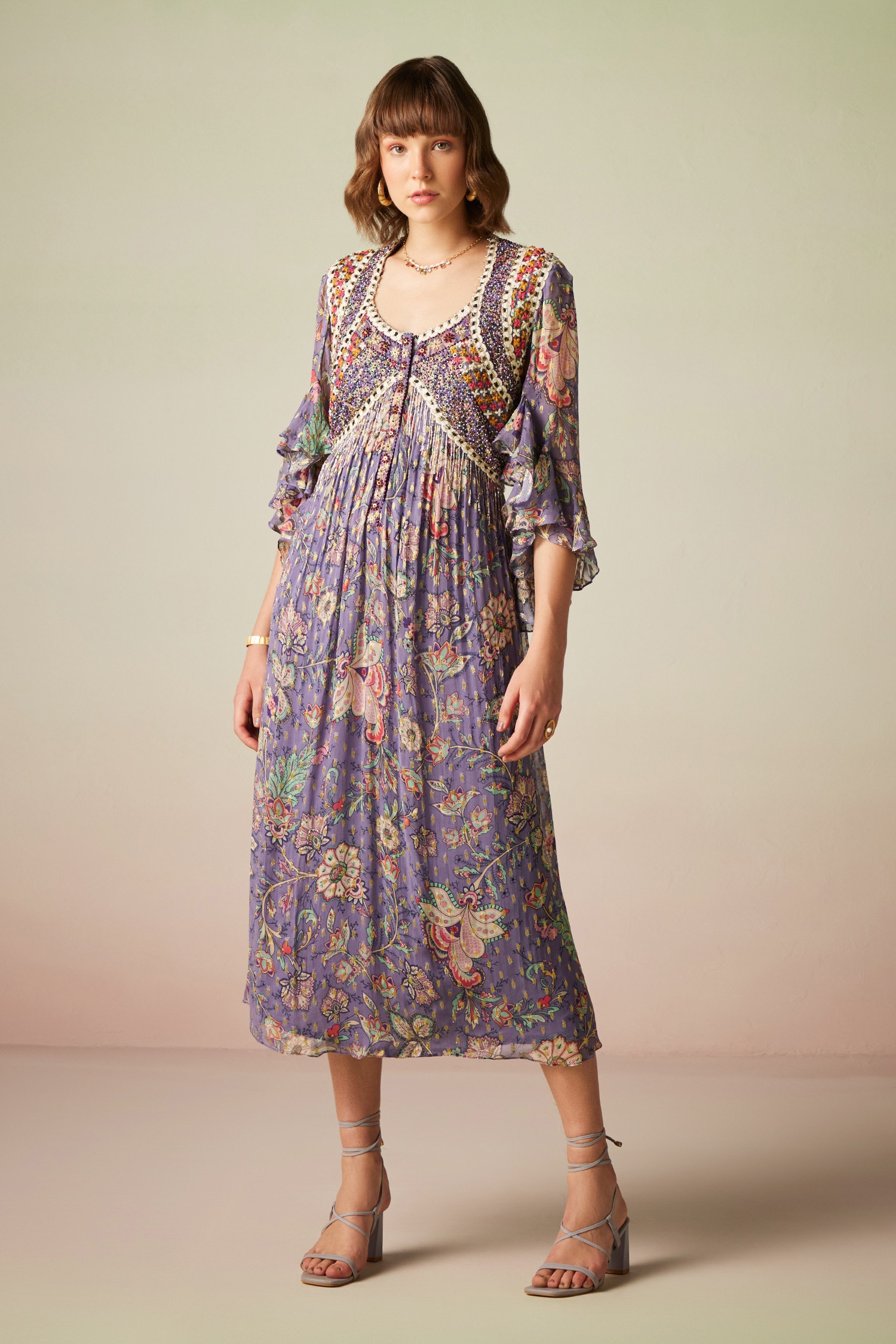 Verb by Pallavi Singhee Purple Viscose Lurex Georgette Vintage Flower Bloom Print Dress