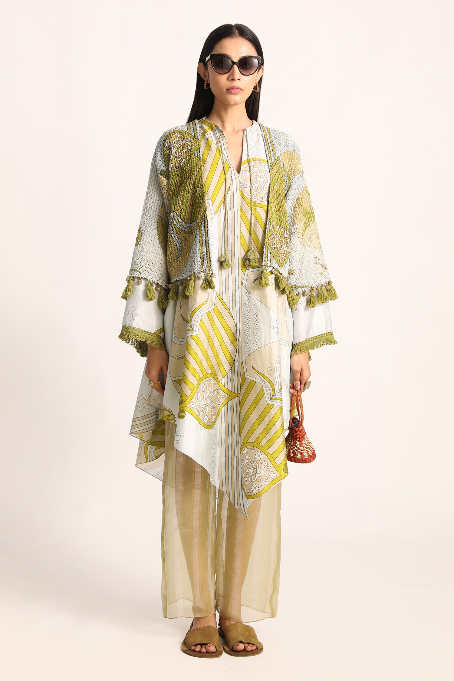 Buy Blue Cotton Net Printed Floral Notched Fringed Hem Cape Jacket For