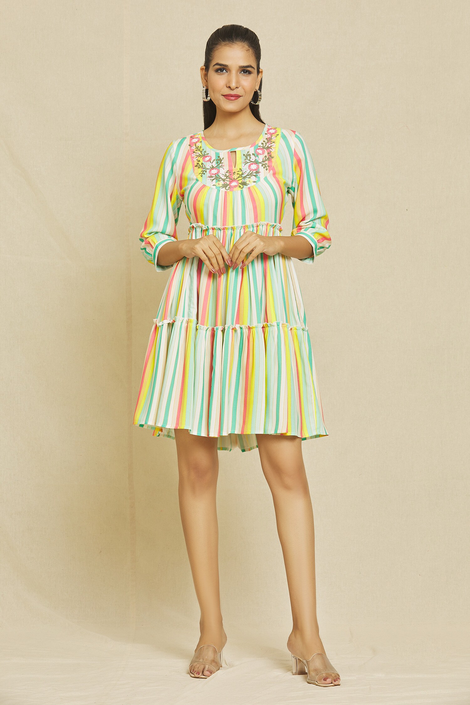 Buy Multi Color Viscose Rayon Printed And Embroidered Stripe Tiered Dress For Women By Nazaakat