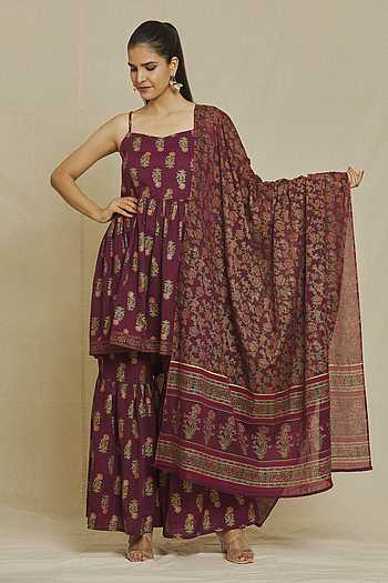 Maroon Block Print Girls Anarkali Sharara Set