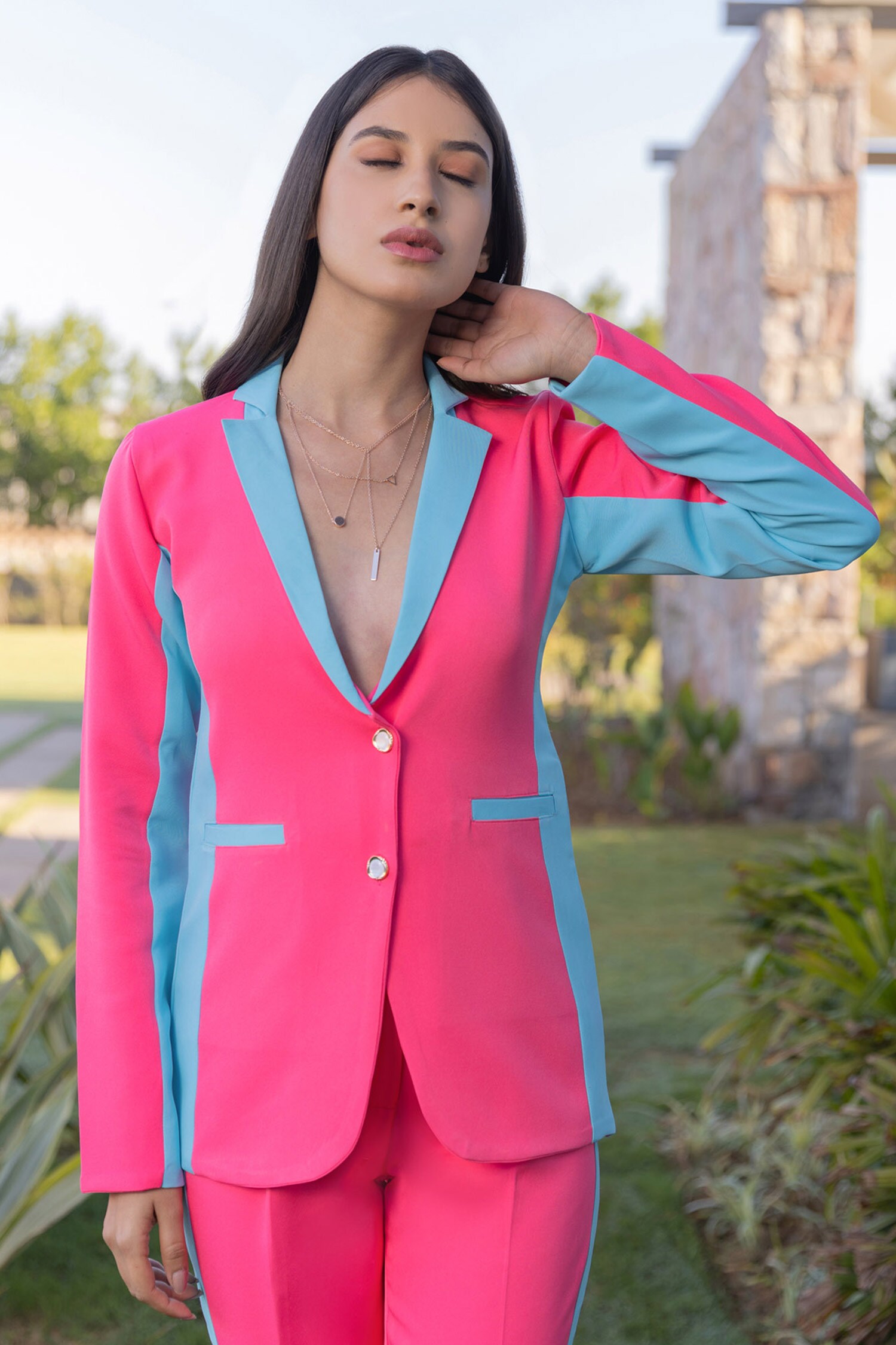 B'Infinite - Pink Crepe Plain Notched Lapel Viva Colorblock Blazer And Pant  Set For Women