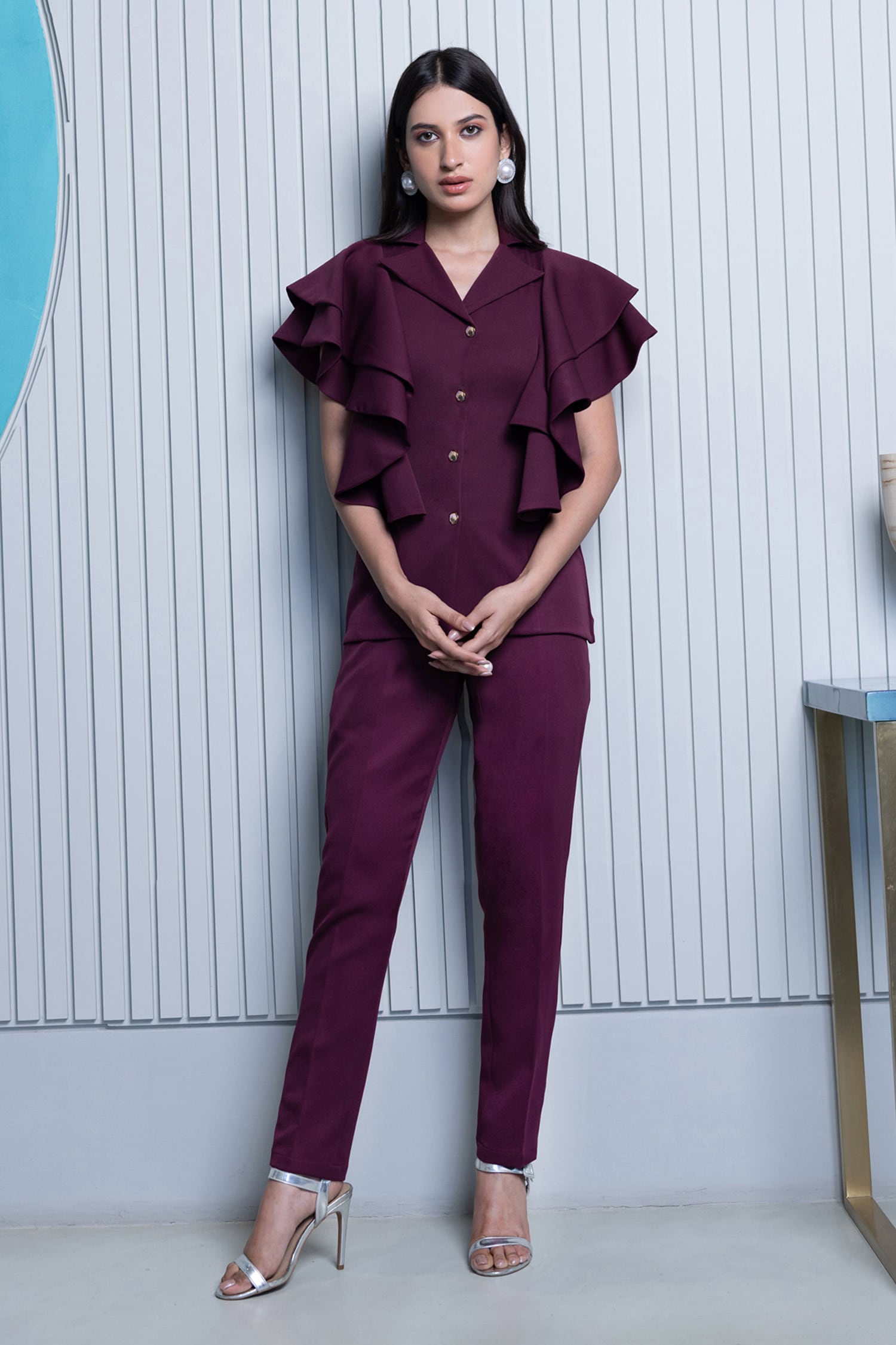 B'Infinite Wine Crepe Plain Notched Lapel Collar Ruffle Top And Trousers Set For Women