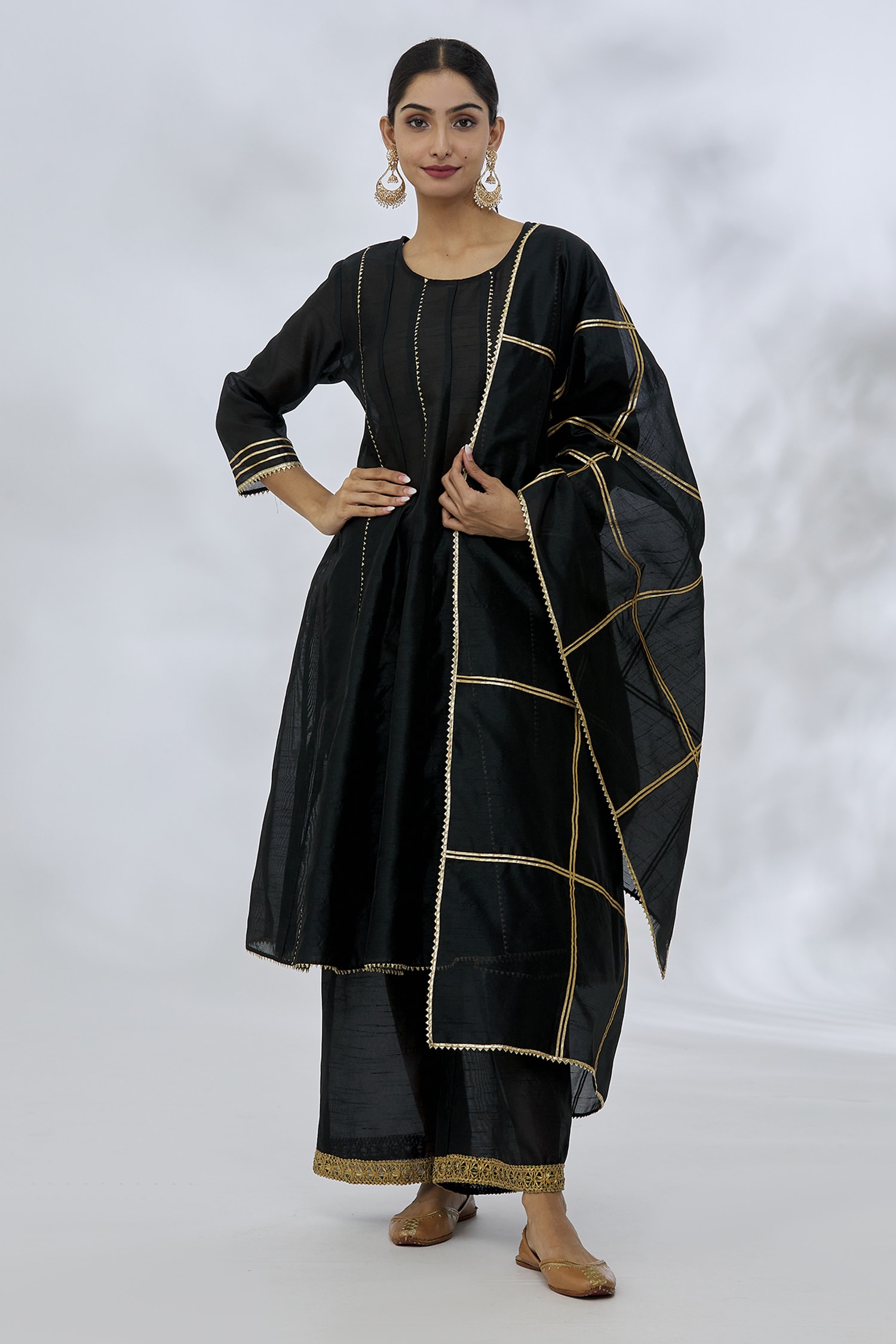 Buy Naintara Bajaj Black Silk A-line Gota Patti Embroidered Kurta Set ...