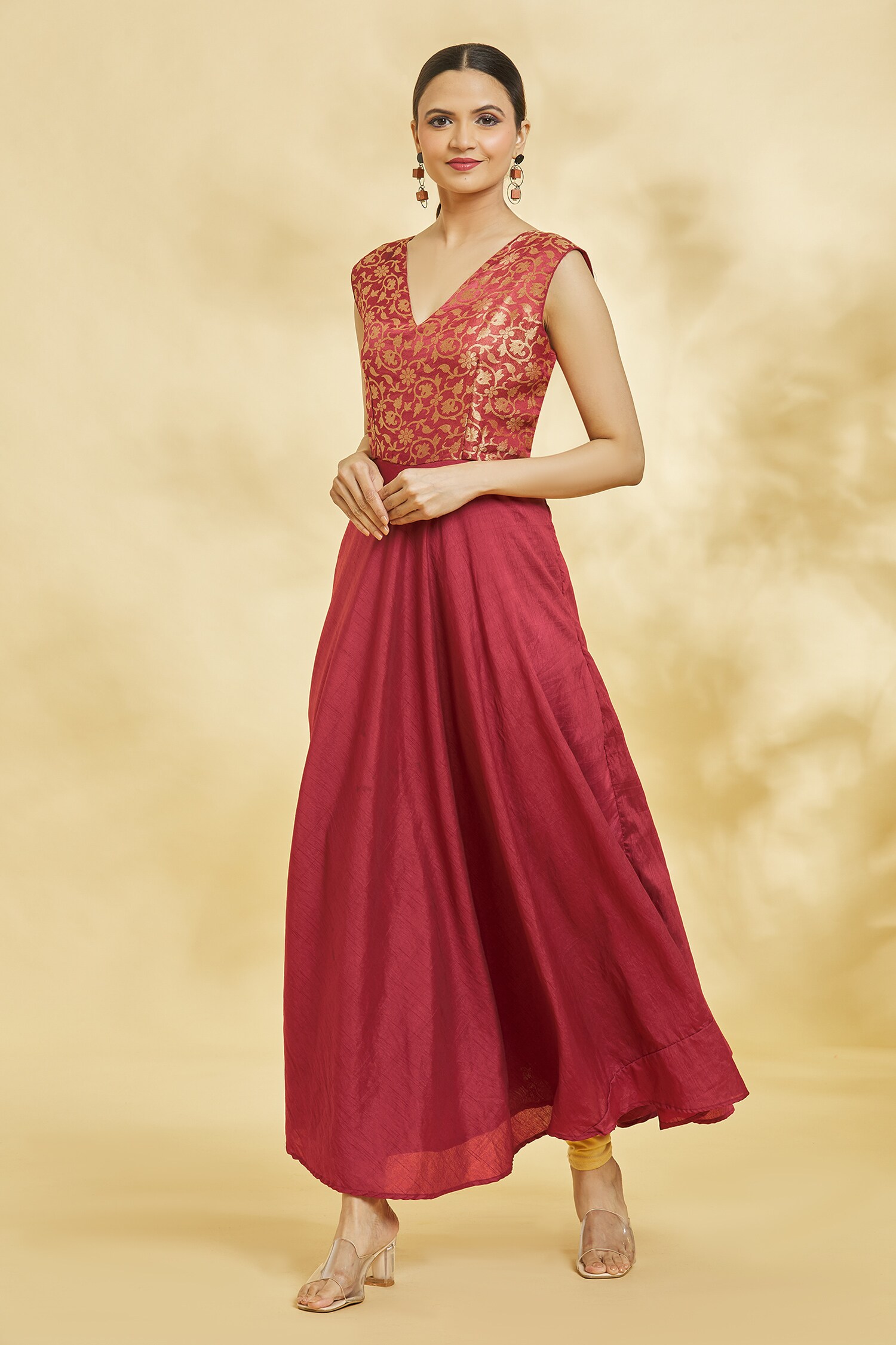 Buy Naintara Bajaj Maroon Silk Flower Pattern Yoke Anarkali Online