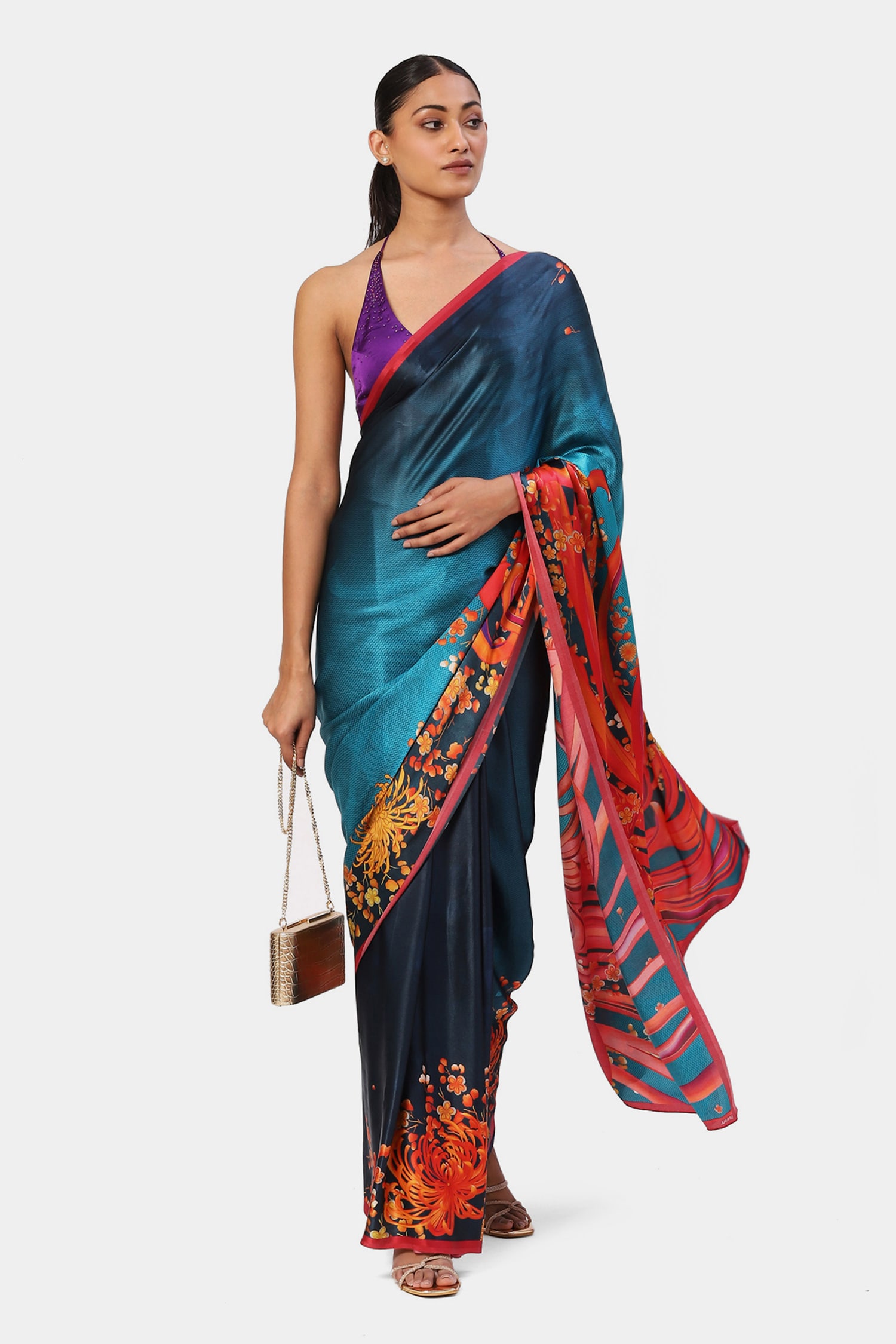 Buy Blue Georgette Satin Printed Chevron Breach Candy Saree For Women ...