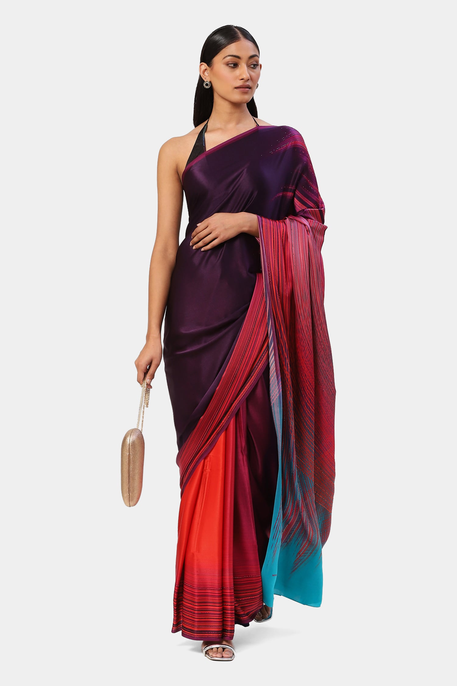 Satya Paul Orange Georgette Satin Galaxy Print Trichromatic Saree