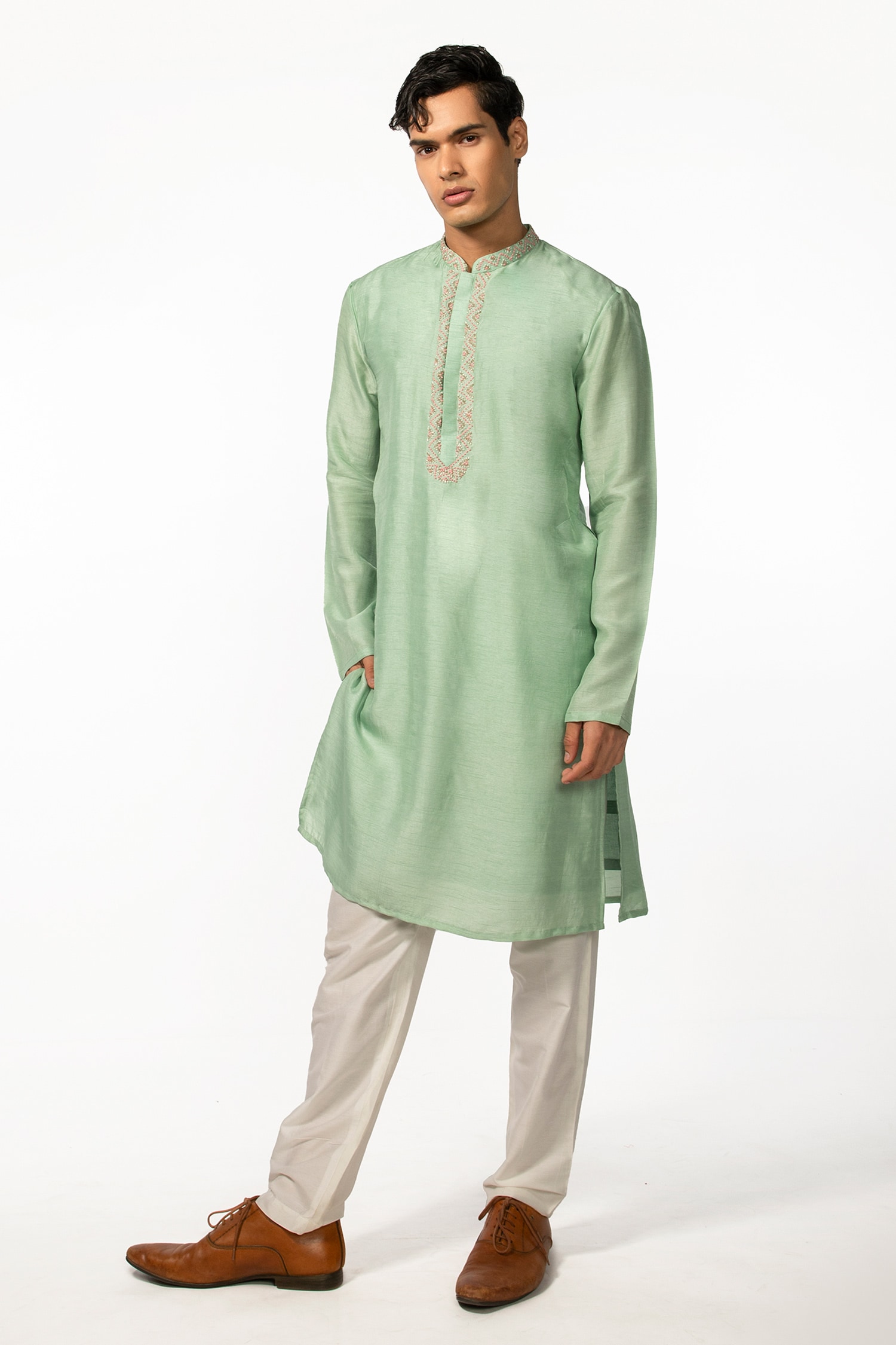 Buy Green Kurta Bam Silk Embroidery Thread Placket Set For Men by KAKA
