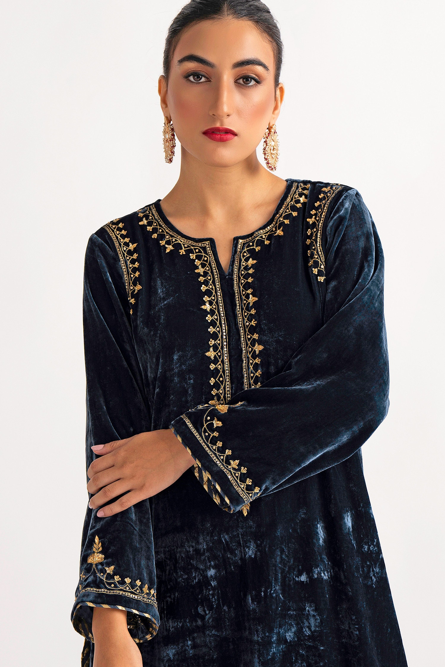 Buy Blue Velvet Placement Hand Embroidery Sequin Notched Kurta With Pant  For Women by Anantaa by Roohi Online at Aza Fashions.