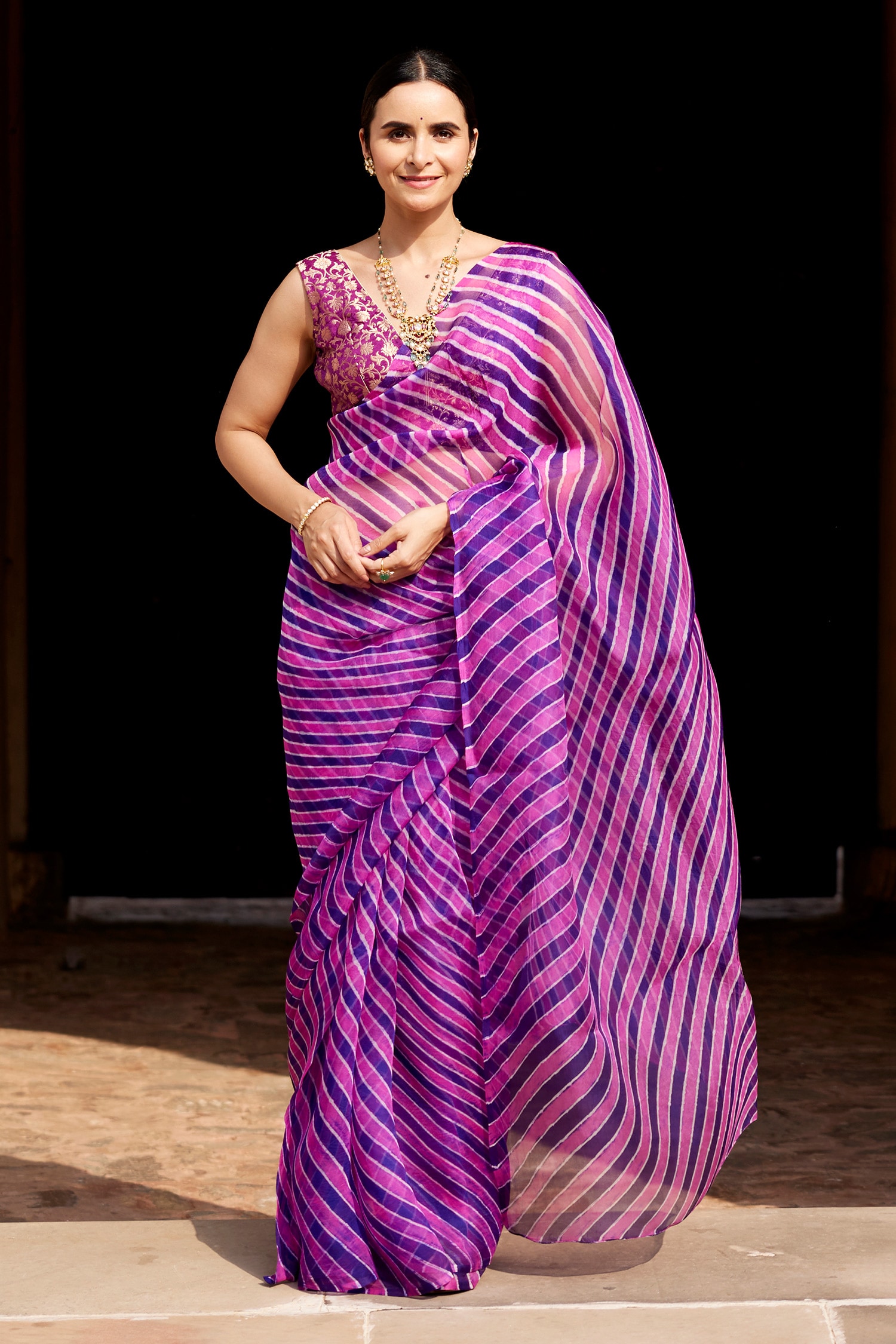 Buy Purple Organza Tie Dye Leheriya Saree With Unstitched Blouse Fabric