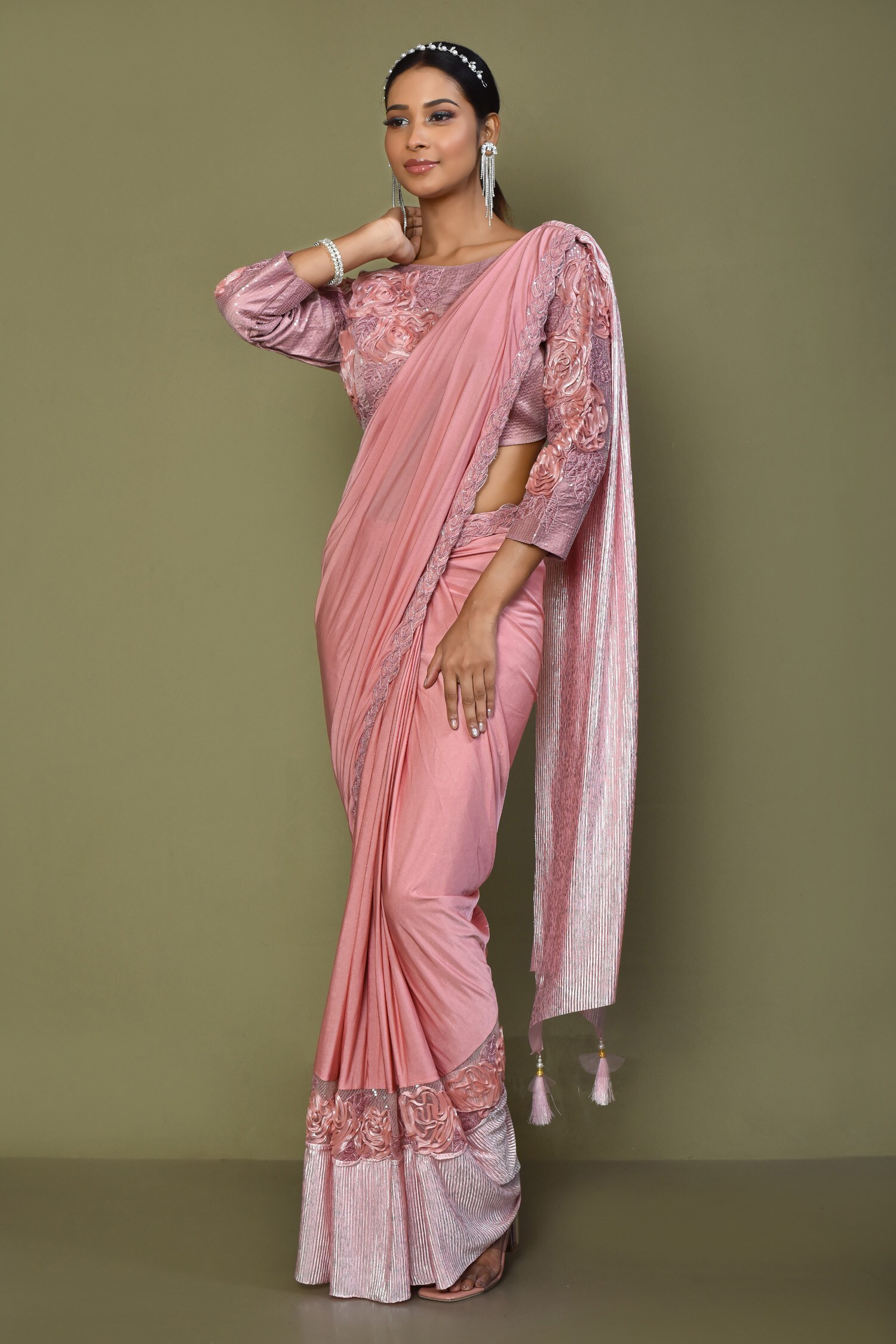 Buy Pink Lycra Embroidery Floral Applique Pre-draped Saree With Blouse ...