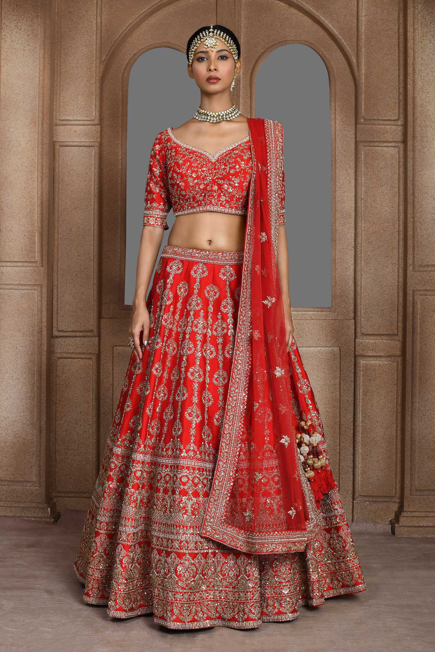 Buy Red Raw Silk Embroidered Thread And Zardozi Bhavna Bridal Lehenga Set For Women By Kalighata 