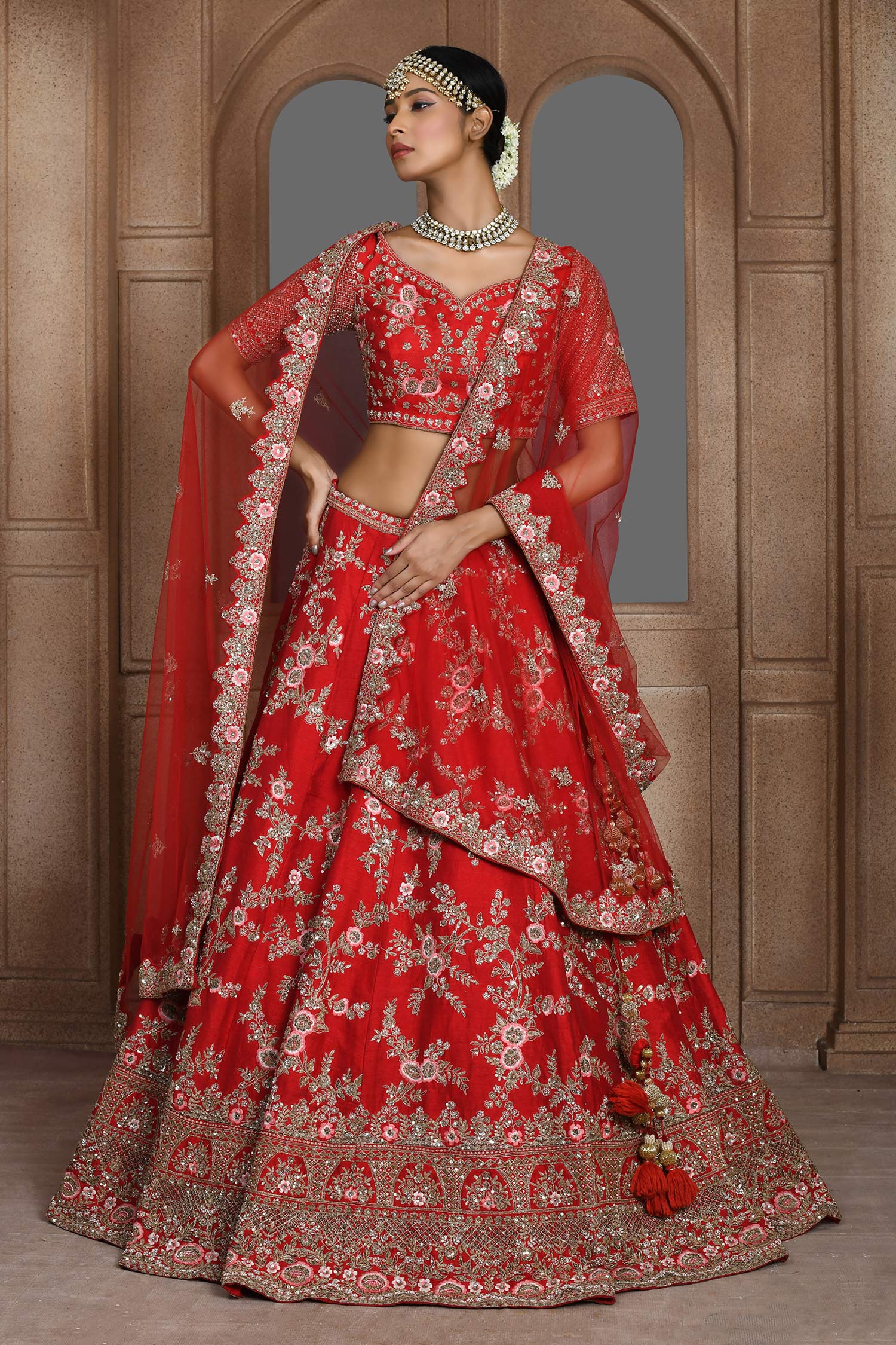 Buy Red Raw Silk Embroidery Zari Thread Leaf Neck Gardenia Lehenga