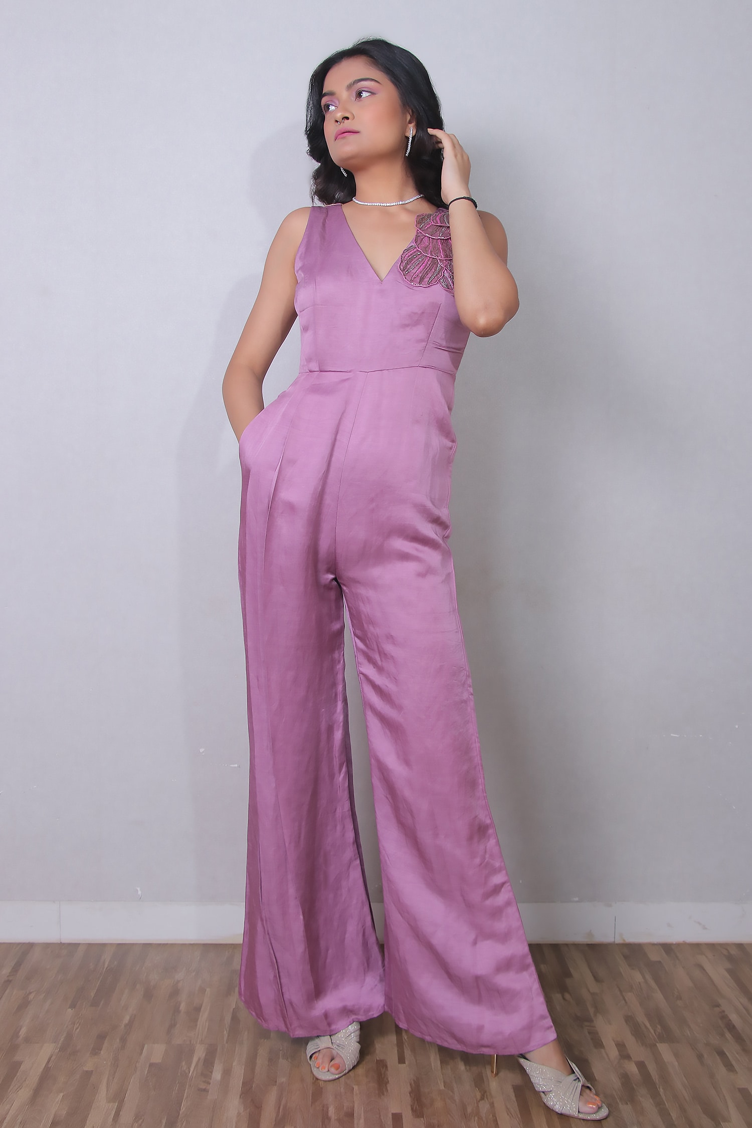Buy Purple Linen Satin Embroidered Resham V Neck Sleeve Jumpsuit For