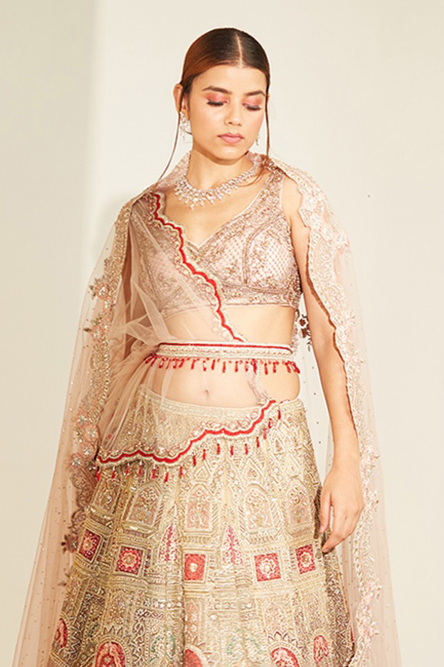 Buy Peach Net Embroidered Geometric V Neck Jaal Bridal Lehenga Set For  Women by ANJALEE AND ARJUN KAPOOR Online at Aza Fashions.